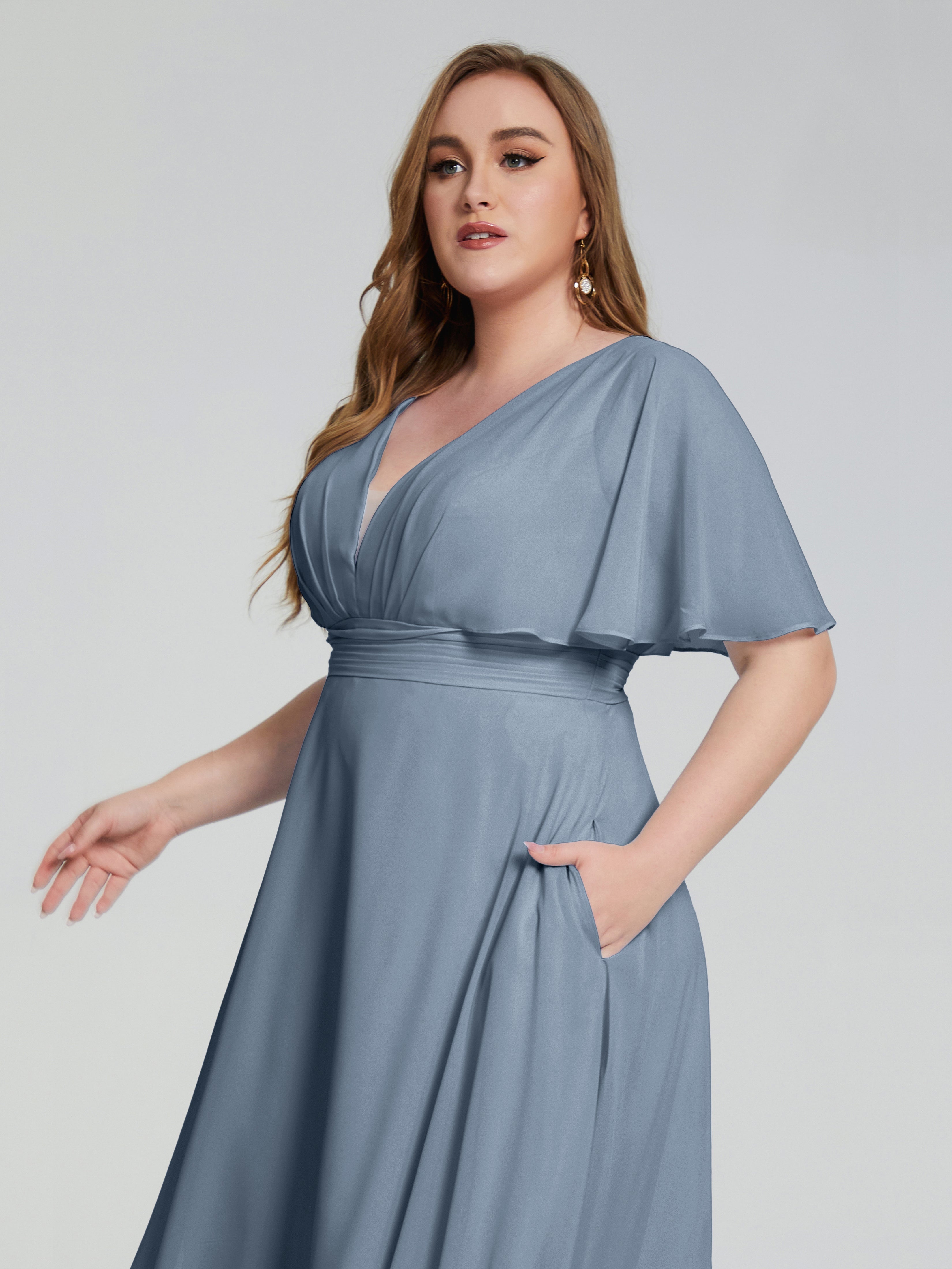 Robes De Demoiselle D'Honneur Bleu Gris Dos Nu Longueur De Thé Mousseline Robes Demoiselle D'Honneur Grande Taille