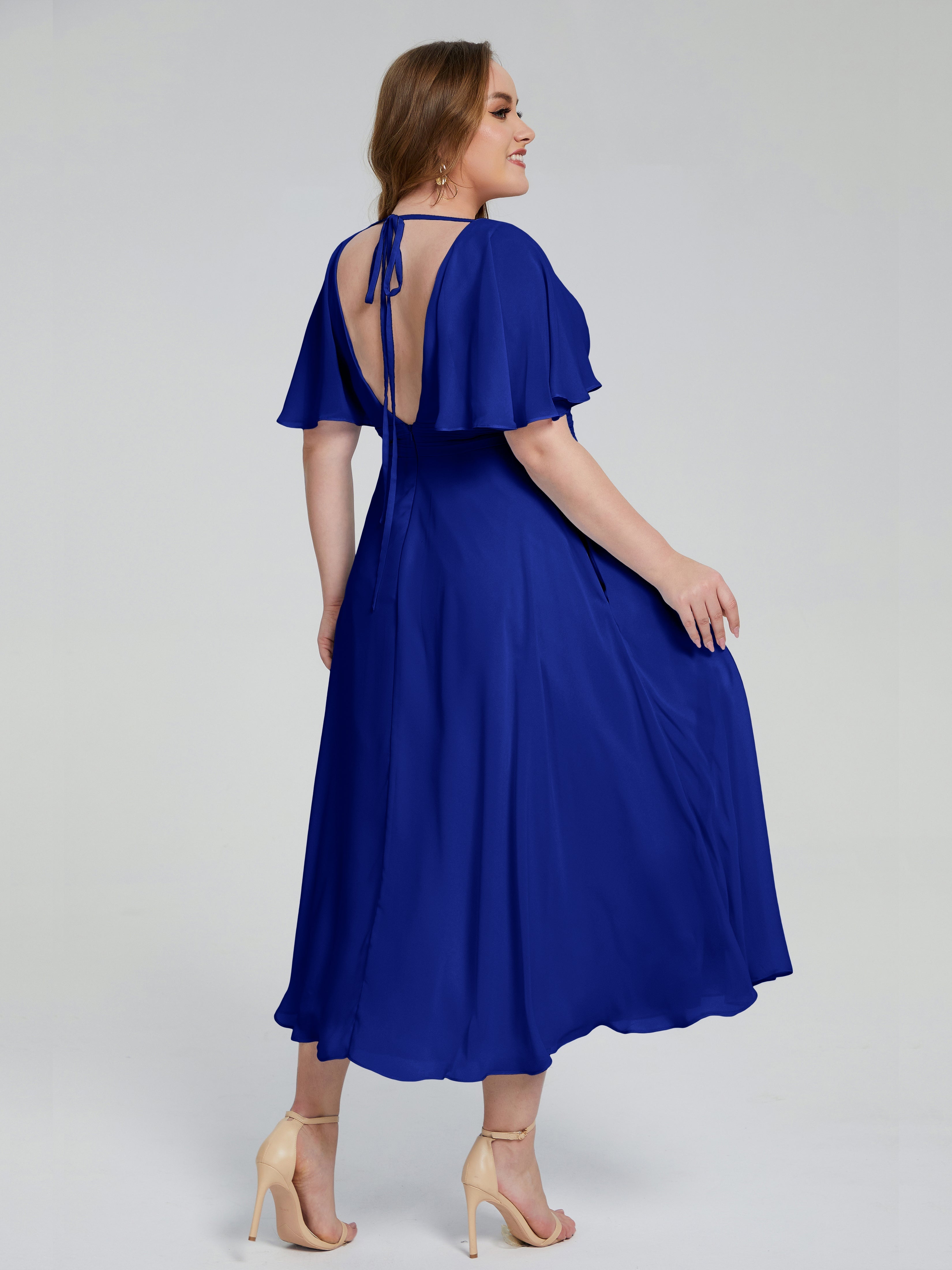 Robes De Demoiselle D'Honneur Bleu Royal Longues Dos Nu Longueur De Thé Mousseline Robes Demoiselle D'Honneur Grande Taille