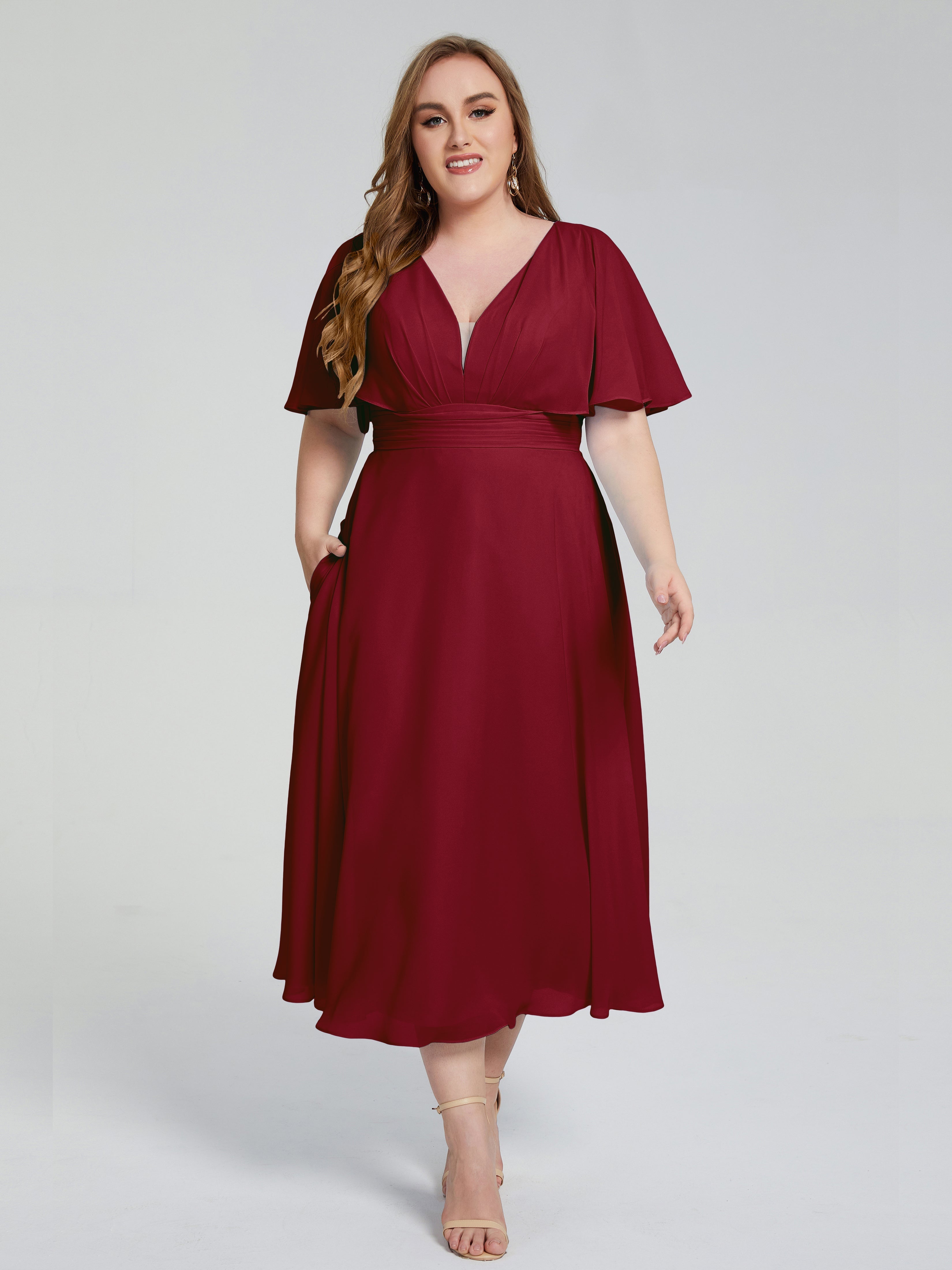 Robes De Demoiselle D'Honneur Bordeaux Dos Nu Longueur De Thé Mousseline Robes Demoiselle D'Honneur Grande Taille