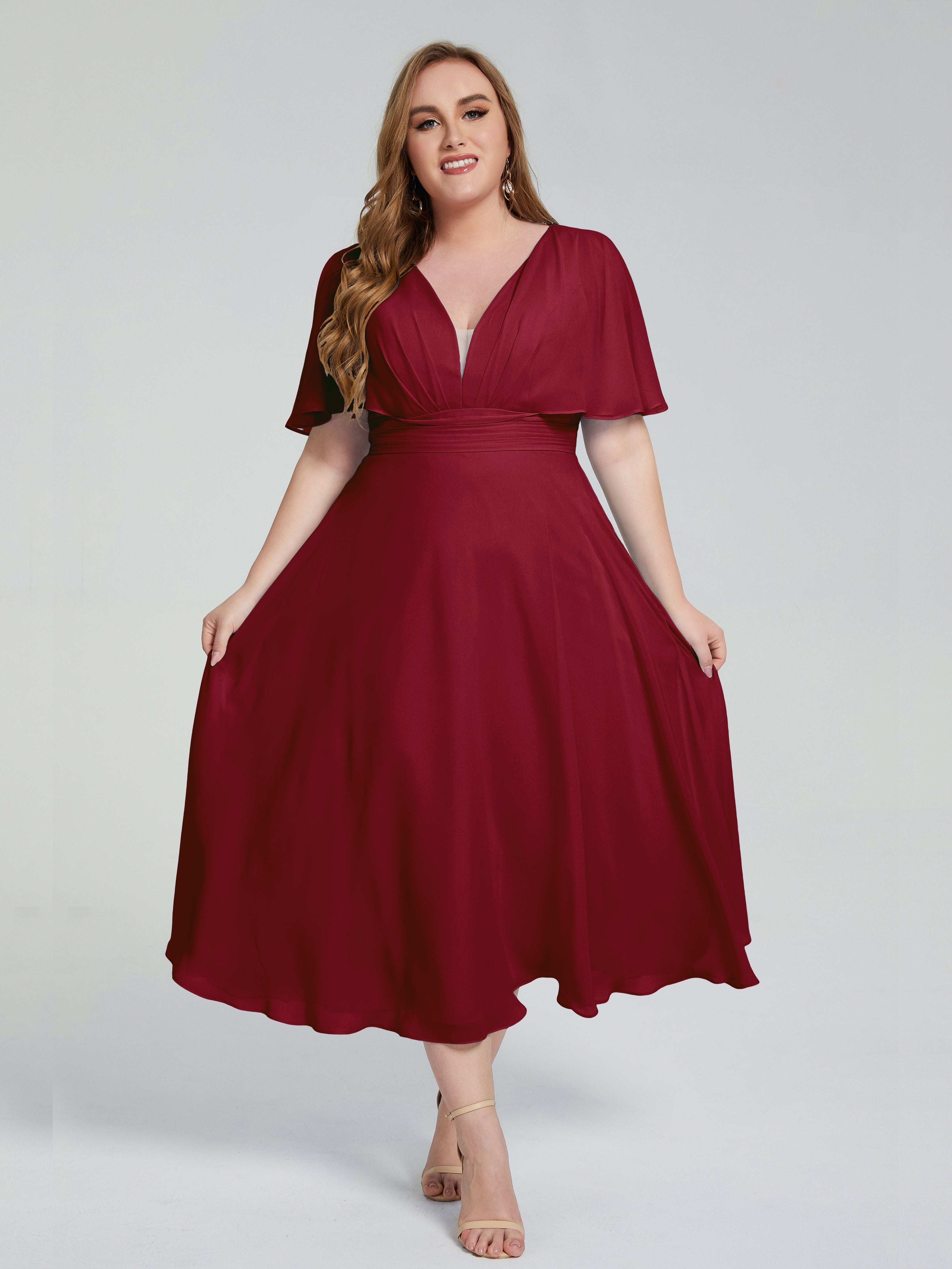 Robes De Demoiselle D'Honneur Bordeaux Dos Nu Longueur De Thé Mousseline Robes Demoiselle D'Honneur Grande Taille