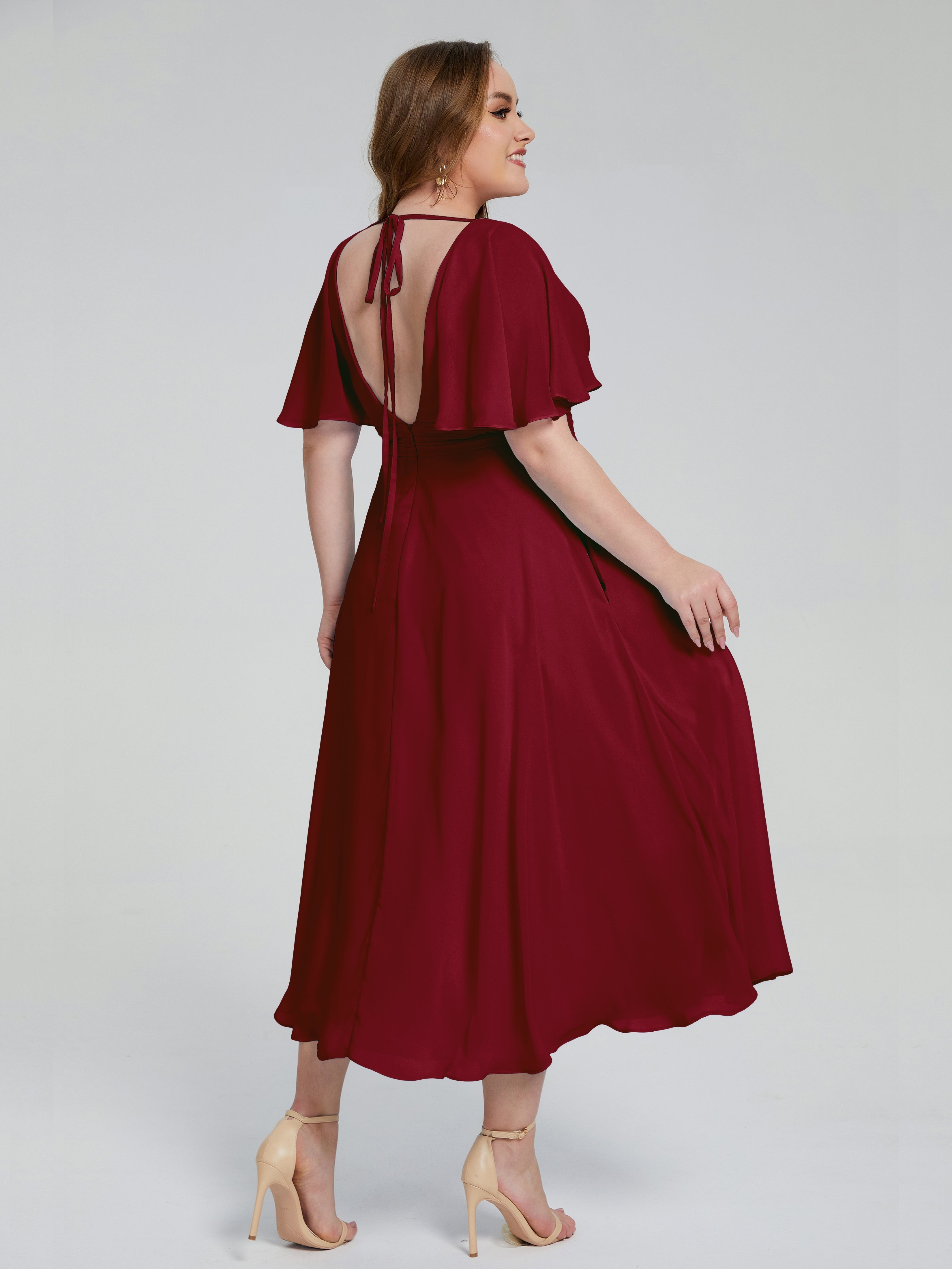 Robes De Demoiselle D'Honneur Bordeaux Dos Nu Longueur De Thé Mousseline Robes Demoiselle D'Honneur Grande Taille