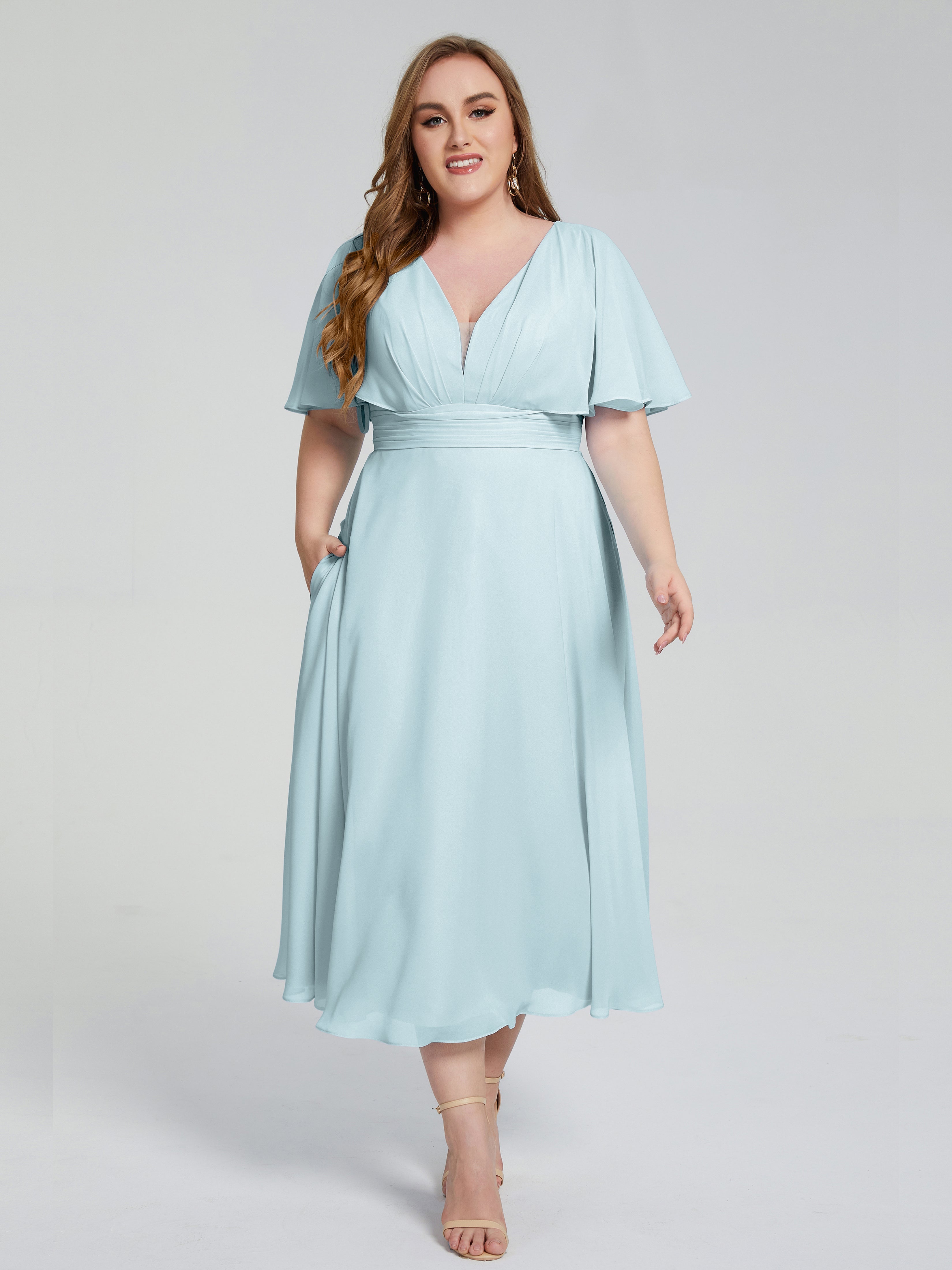 Robe De Demoiselle D'Honneur Brume Dos Nu Longueur De Thé Mousseline Robes Demoiselle D'Honneur Grande Taille