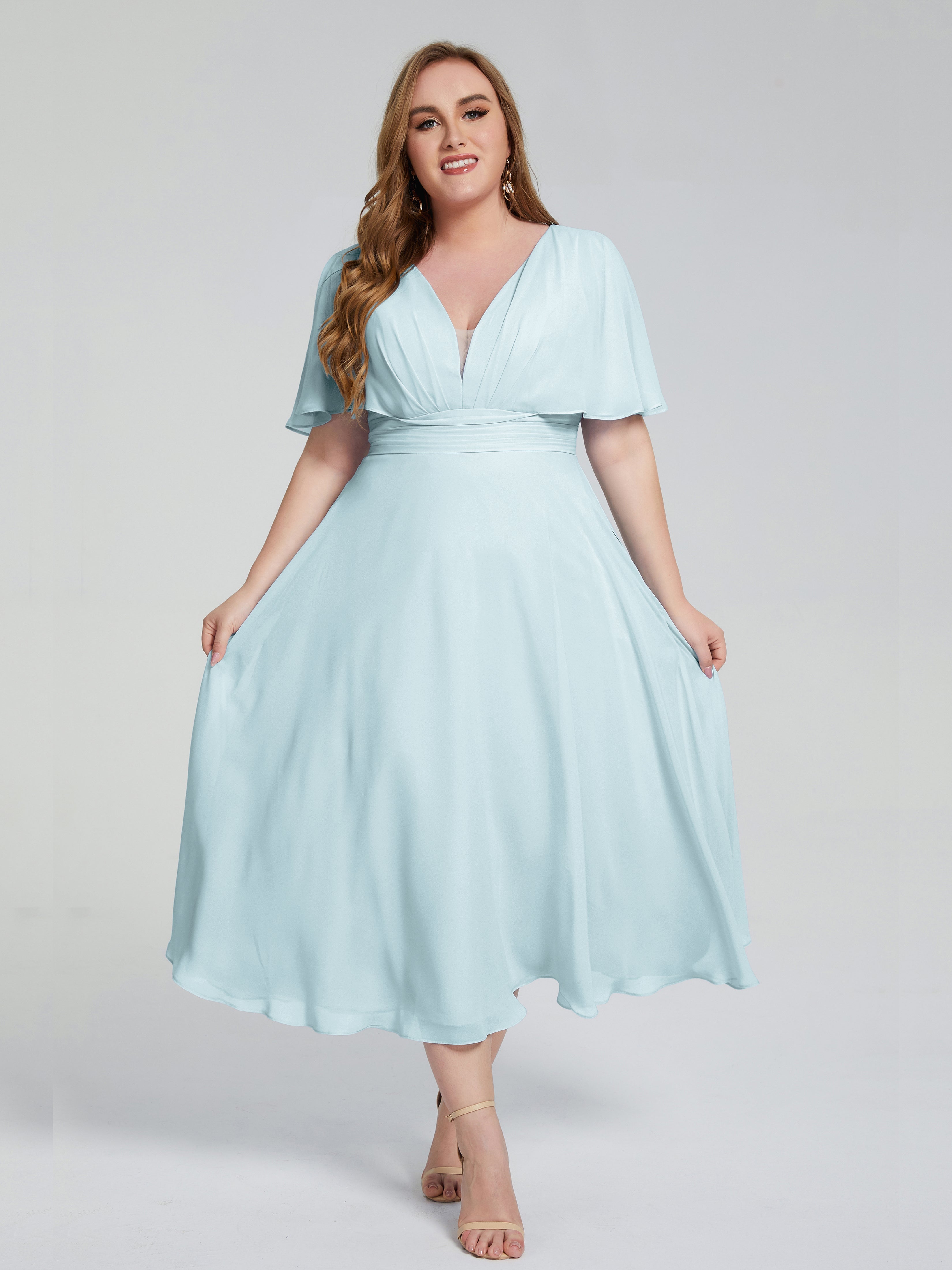 Robe De Demoiselle D'Honneur Brume Dos Nu Longueur De Thé Mousseline Robes Demoiselle D'Honneur Grande Taille