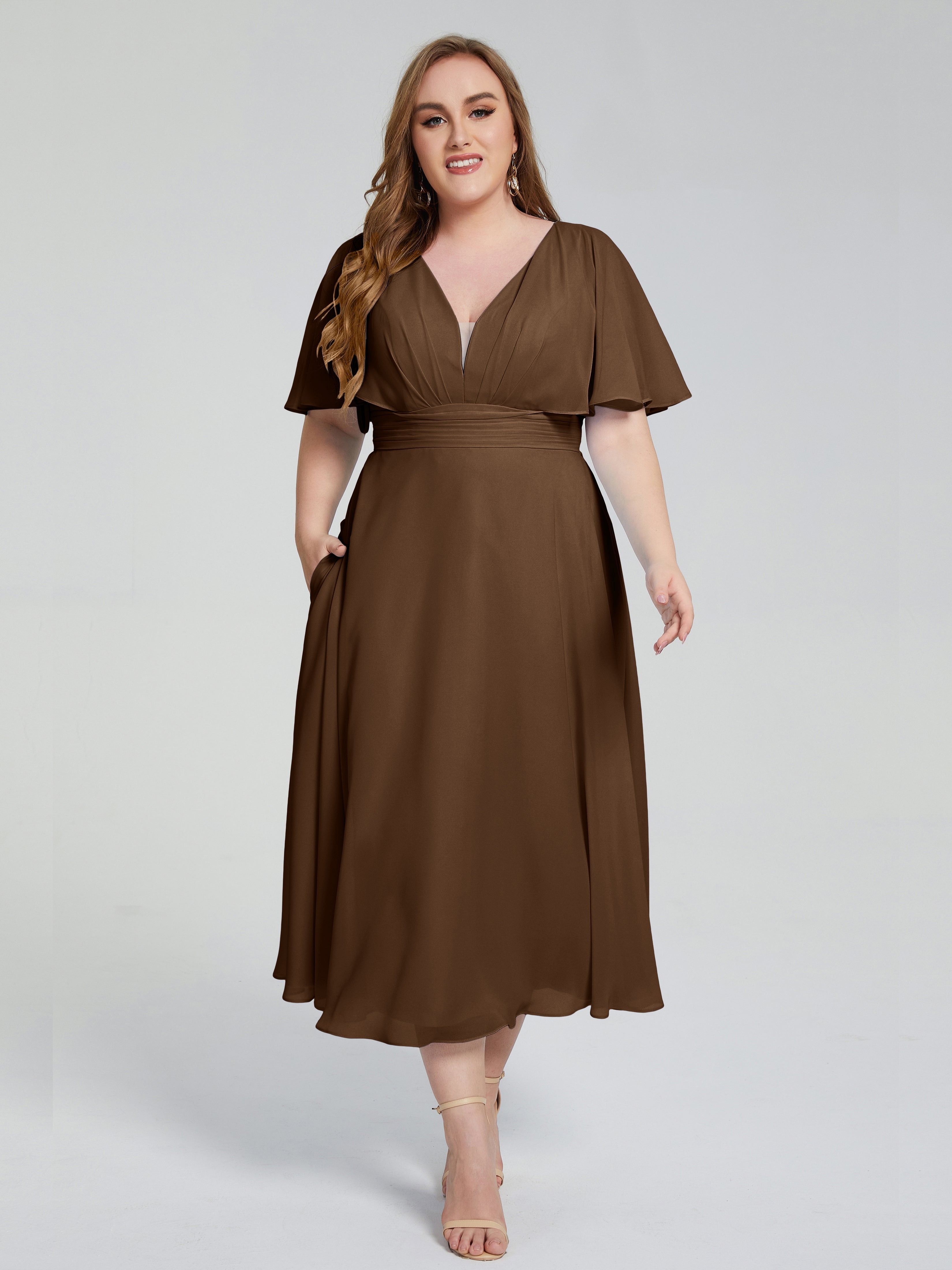 Robes De Demoiselle D'Honneur Brun Dos Nu Longueur De Thé Mousseline Robes Demoiselle D'Honneur Grande Taille