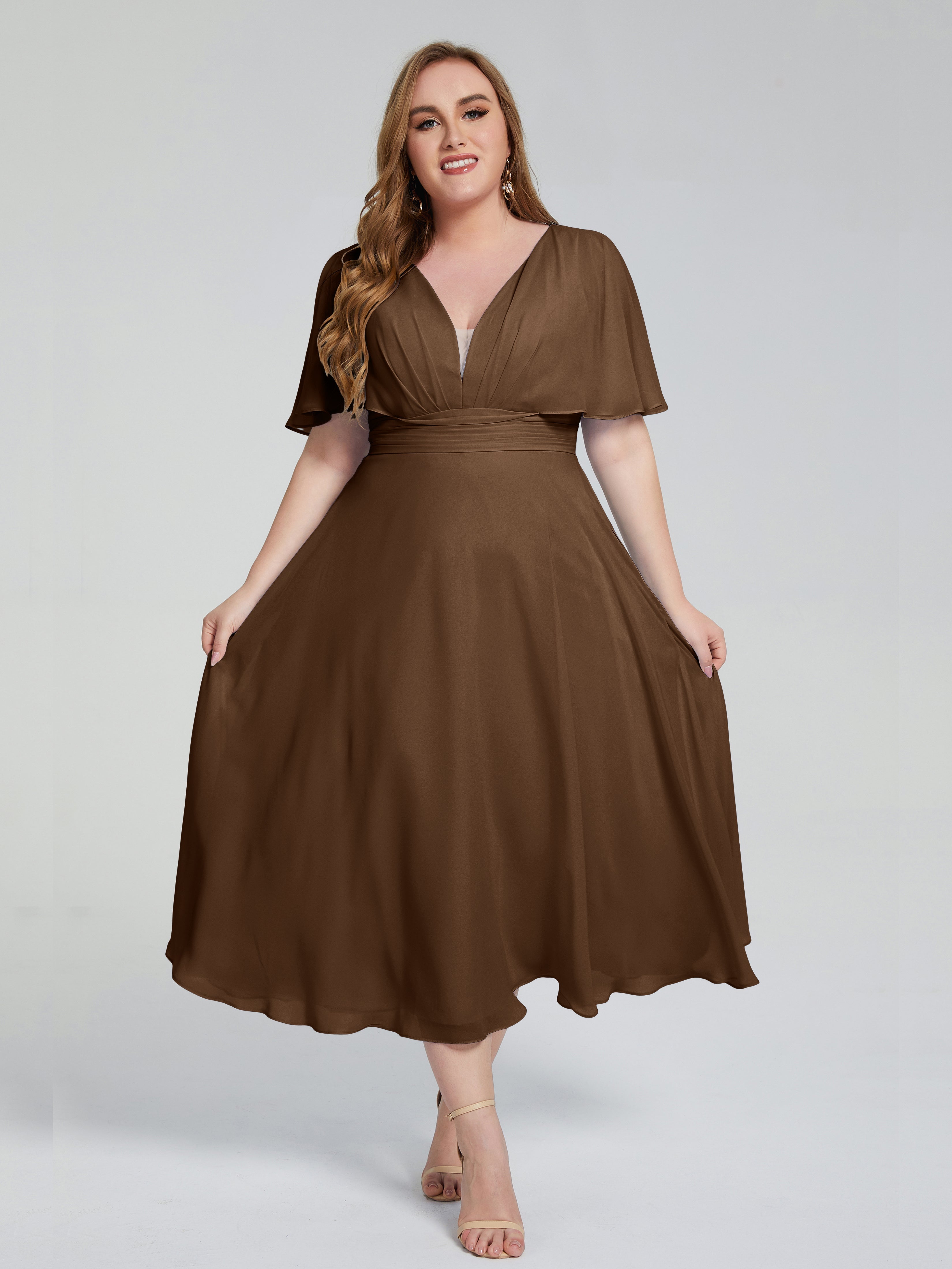 Robes De Demoiselle D'Honneur Brun Dos Nu Longueur De Thé Mousseline Robes Demoiselle D'Honneur Grande Taille