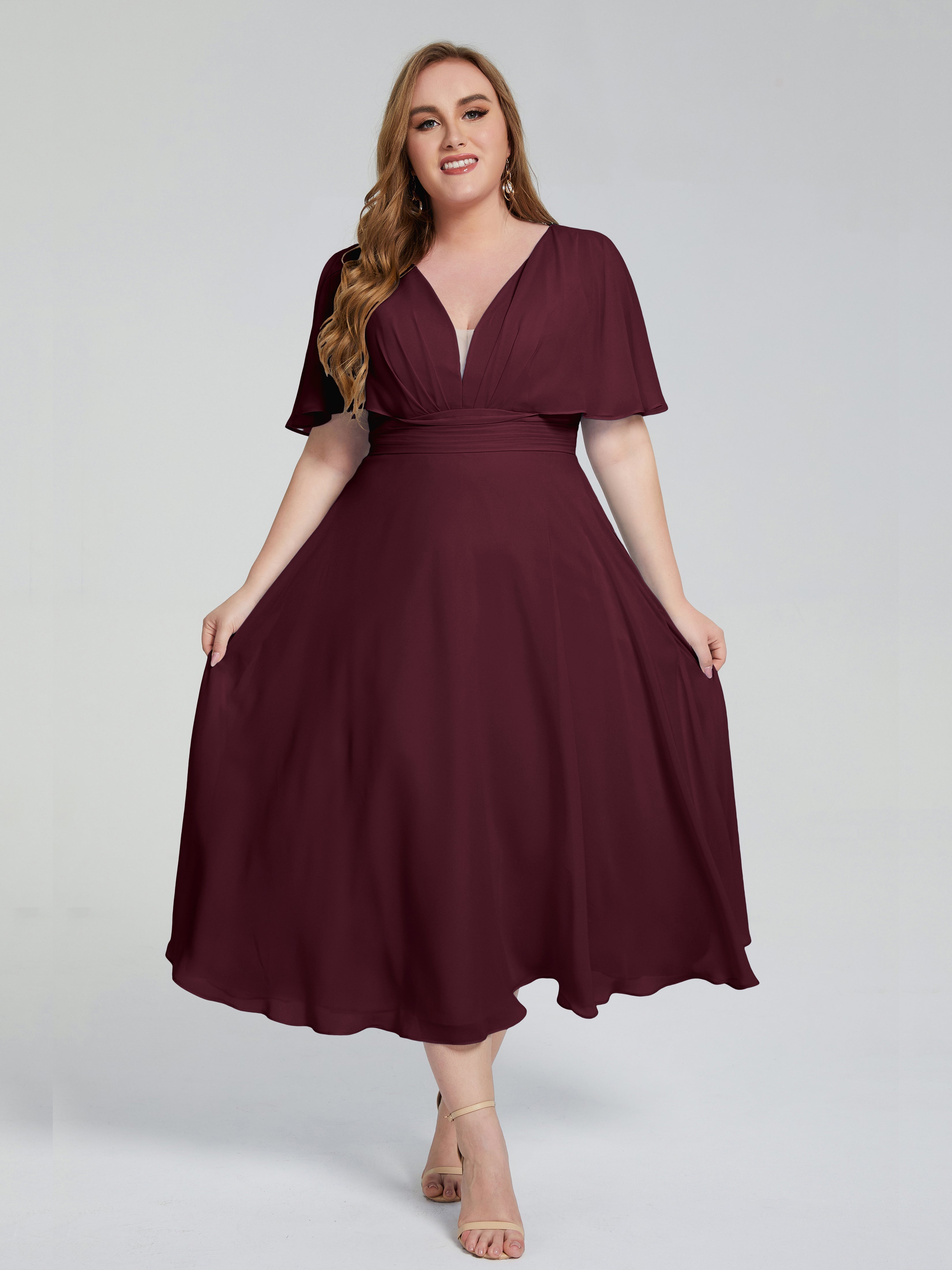 Robes De Demoiselle D'Honneur Cabernet Dos Nu Longueur De Thé Mousseline Robes Demoiselle D'Honneur Grande Taille