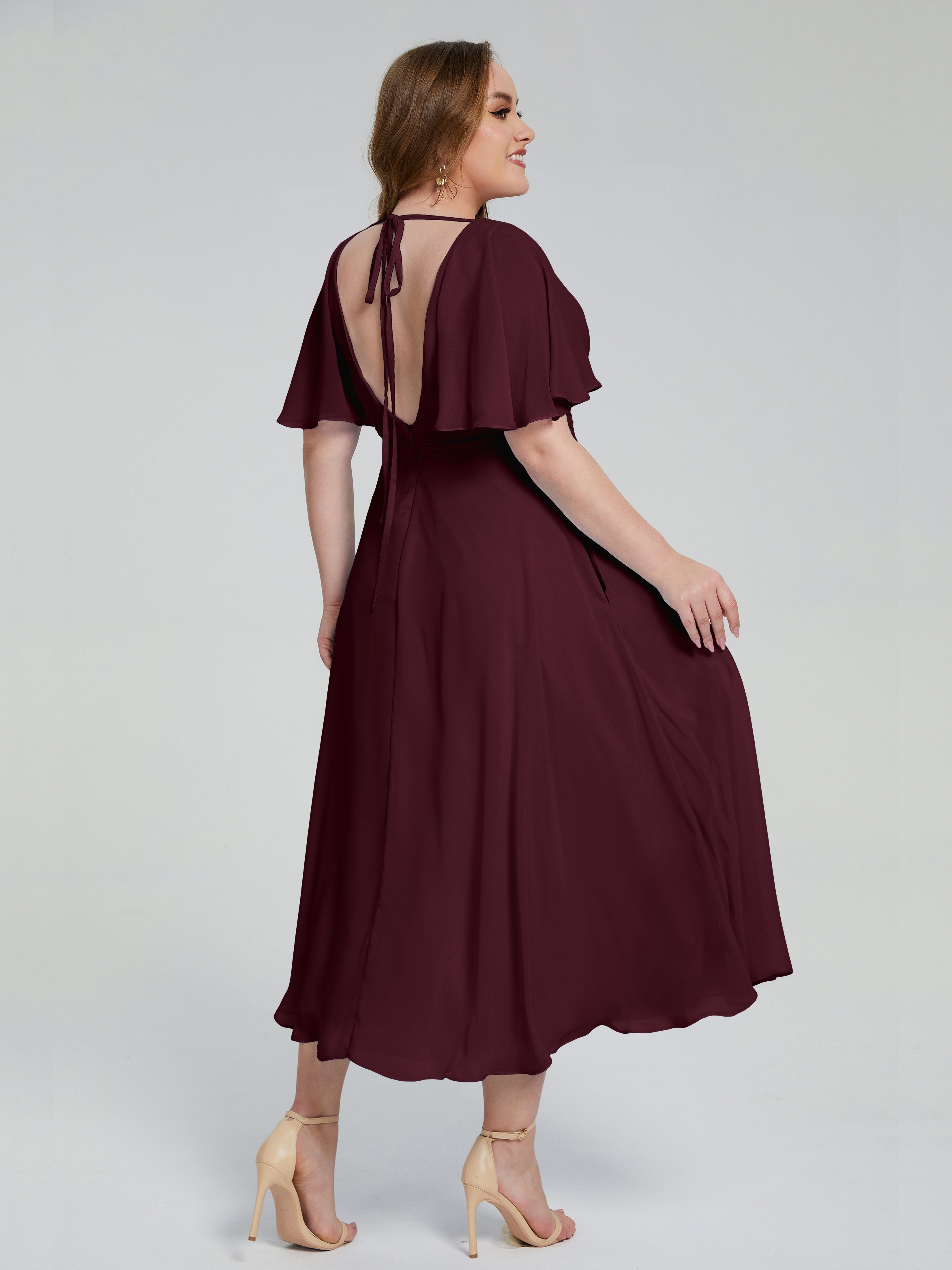 Robes De Demoiselle D'Honneur Cabernet Dos Nu Longueur De Thé Mousseline Robes Demoiselle D'Honneur Grande Taille