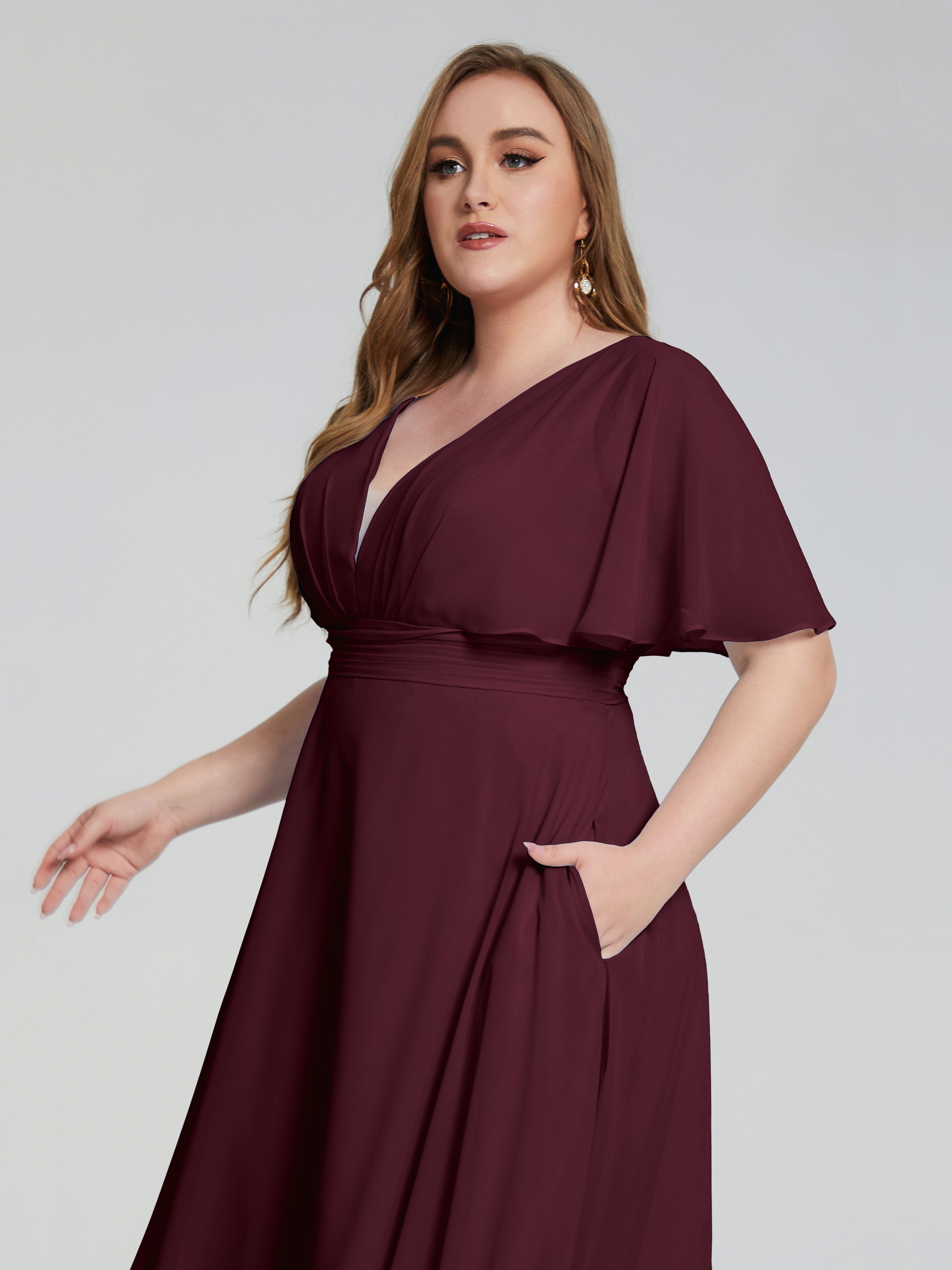 Robes De Demoiselle D'Honneur Cabernet Dos Nu Longueur De Thé Mousseline Robes Demoiselle D'Honneur Grande Taille