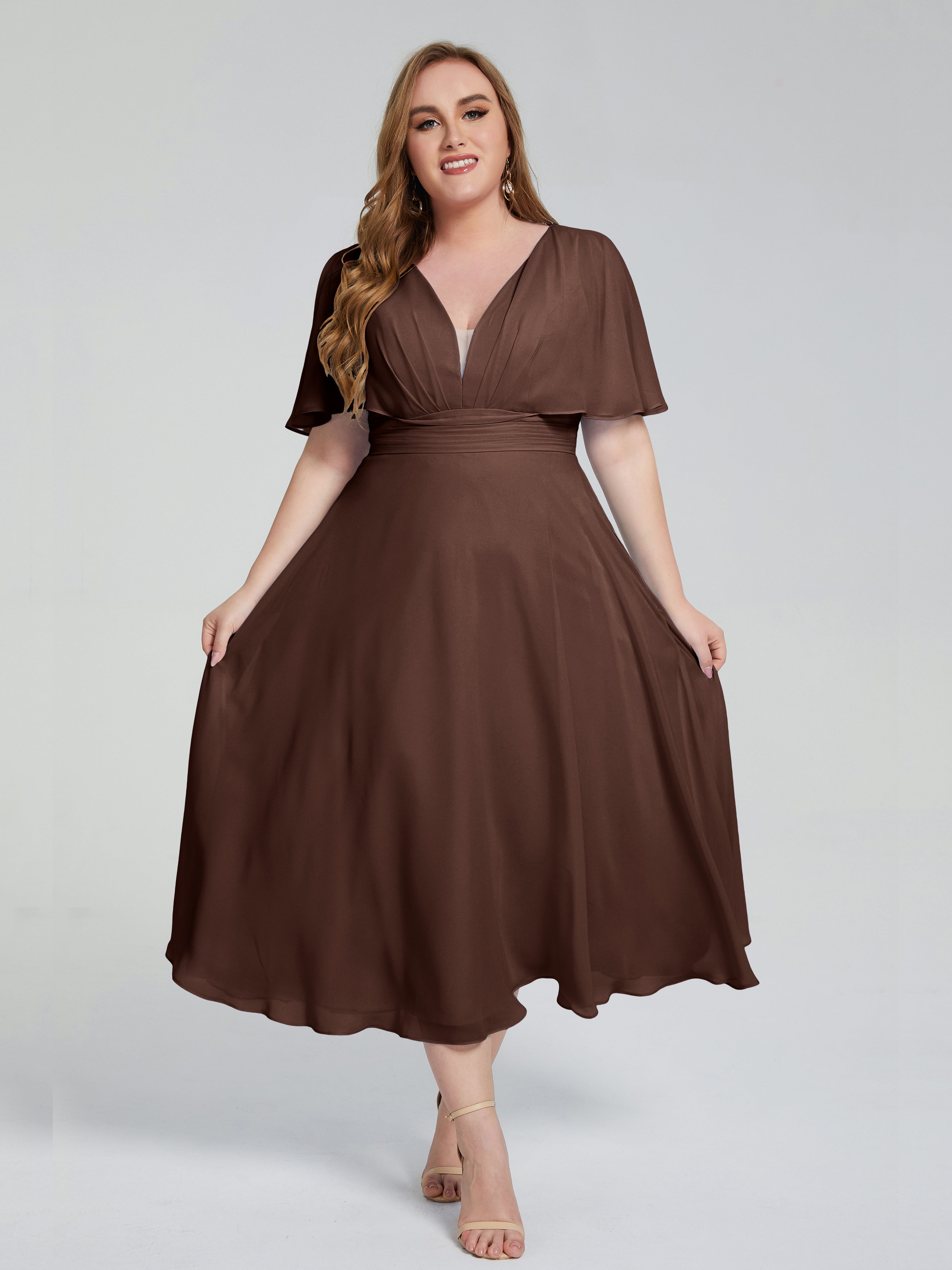 Robe Marron Chocolat Demoiselle D Honneur Dos Nu Longueur De Thé Mousseline Robes Demoiselle D'Honneur Grande Taille