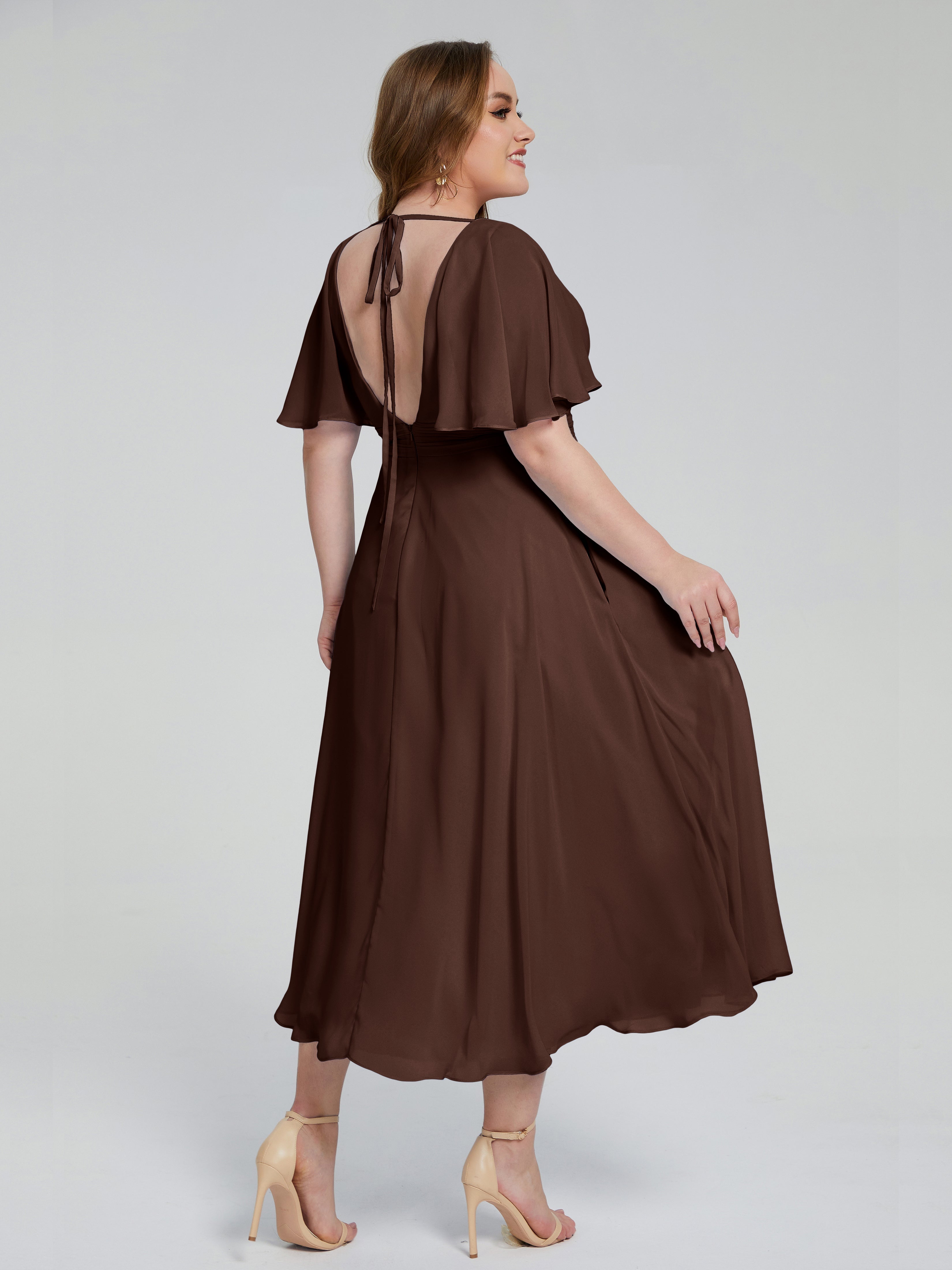 Robe Marron Chocolat Demoiselle D Honneur Dos Nu Longueur De Thé Mousseline Robes Demoiselle D'Honneur Grande Taille