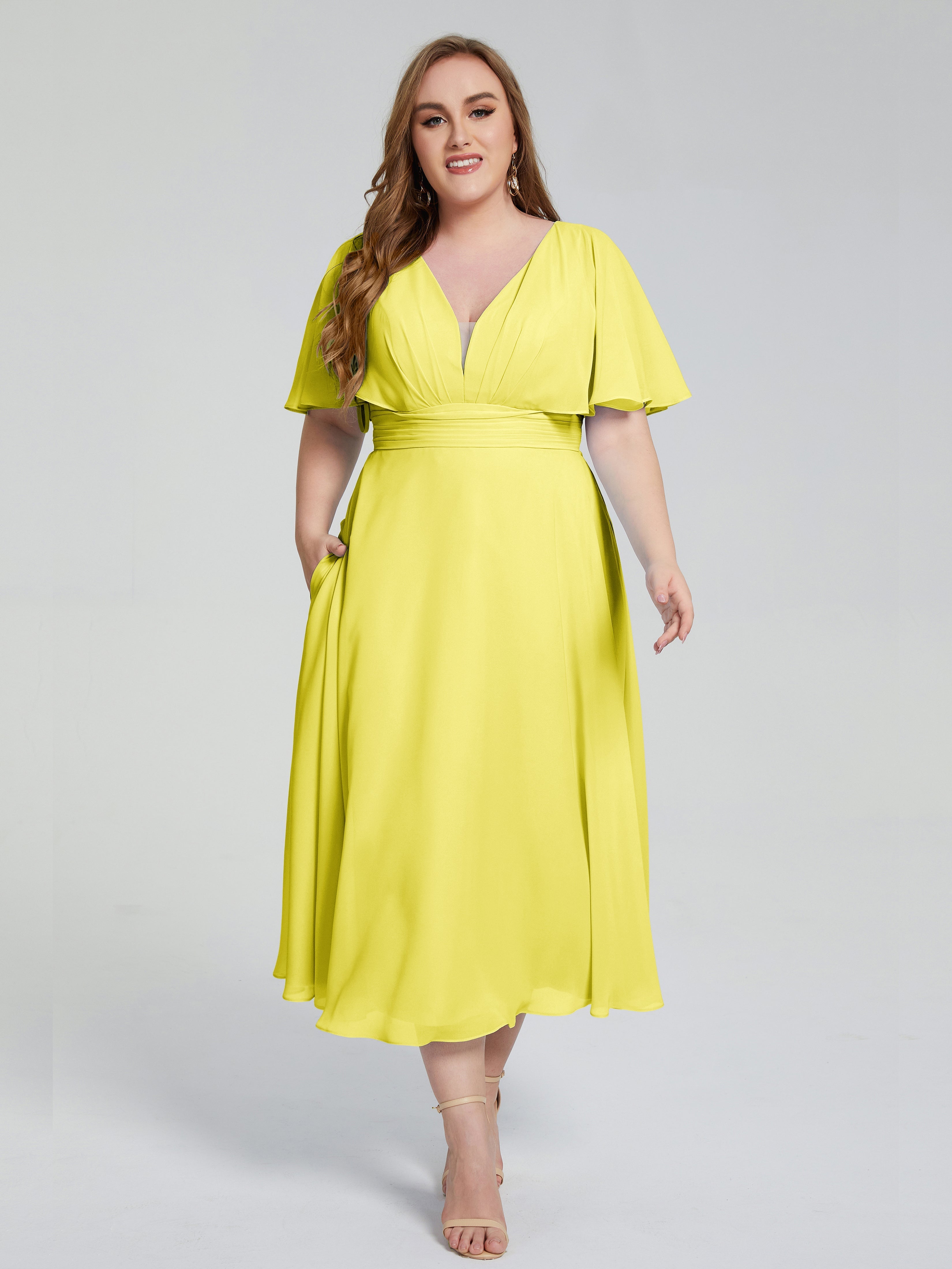 Robes De Demoiselle D'Honneur Citron Dos Nu Longueur De Thé Mousseline Robes Demoiselle D'Honneur Grande Taille