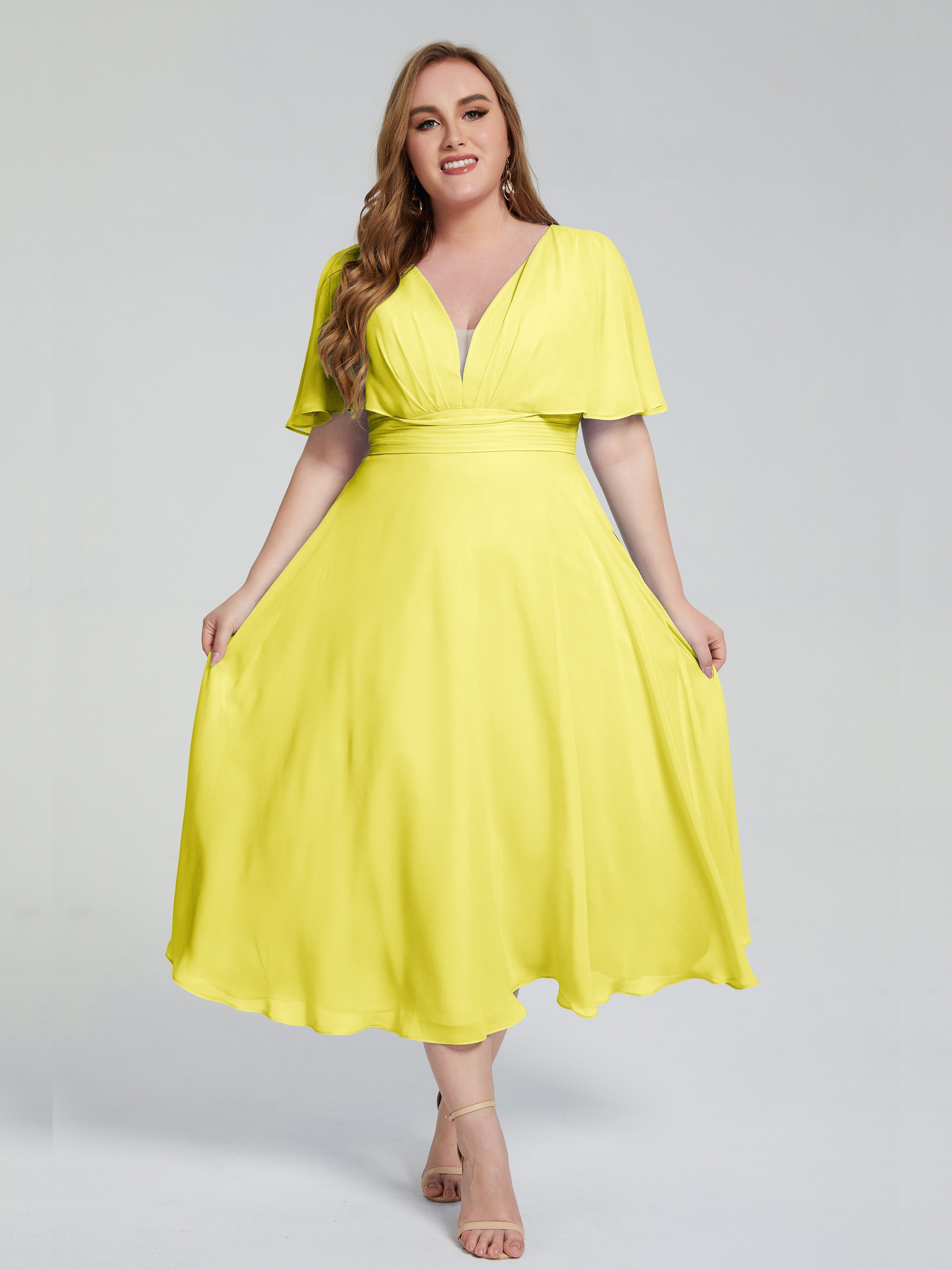Robes De Demoiselle D'Honneur Citron Dos Nu Longueur De Thé Mousseline Robes Demoiselle D'Honneur Grande Taille