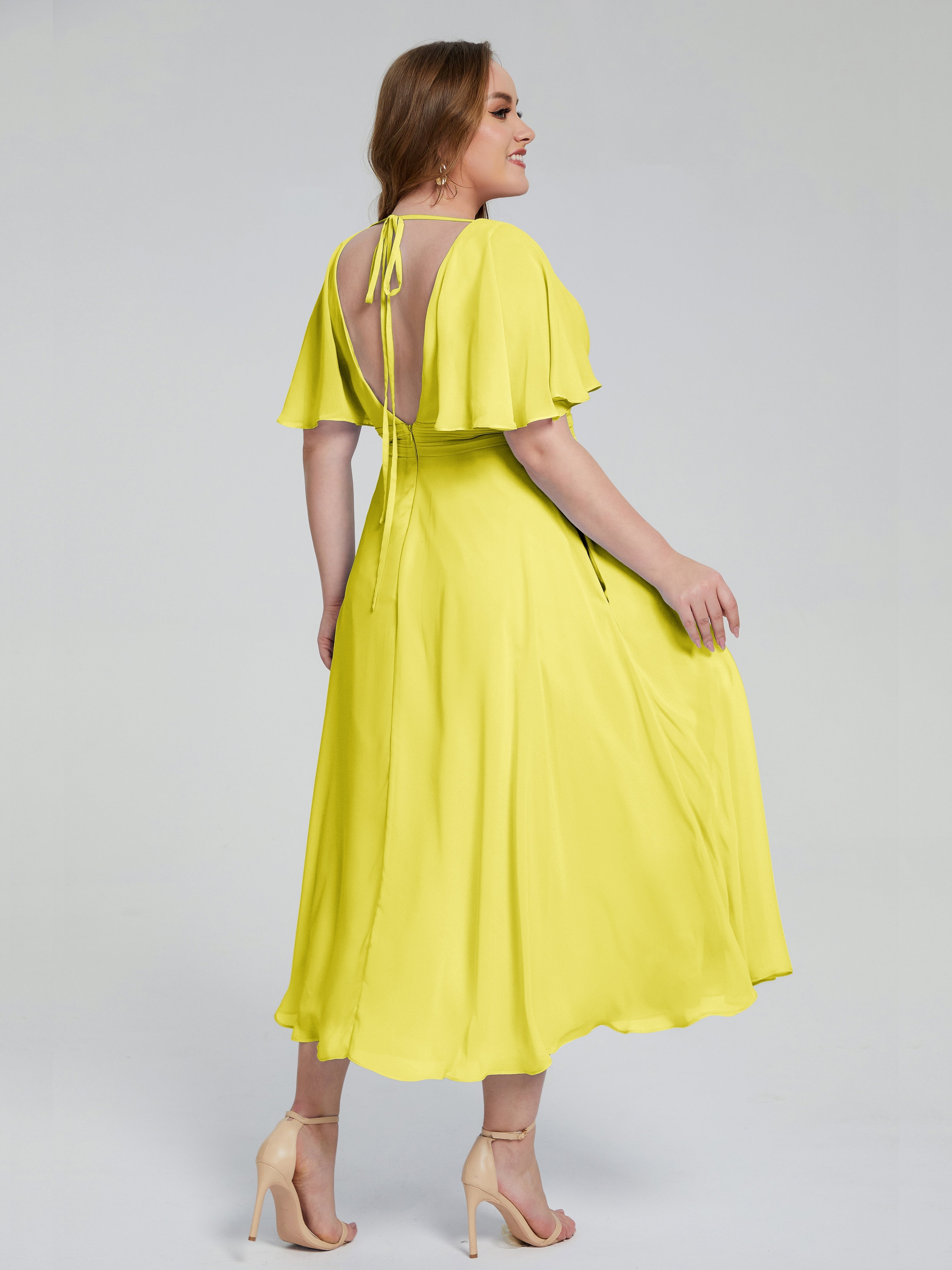 Robes De Demoiselle D'Honneur Citron Dos Nu Longueur De Thé Mousseline Robes Demoiselle D'Honneur Grande Taille