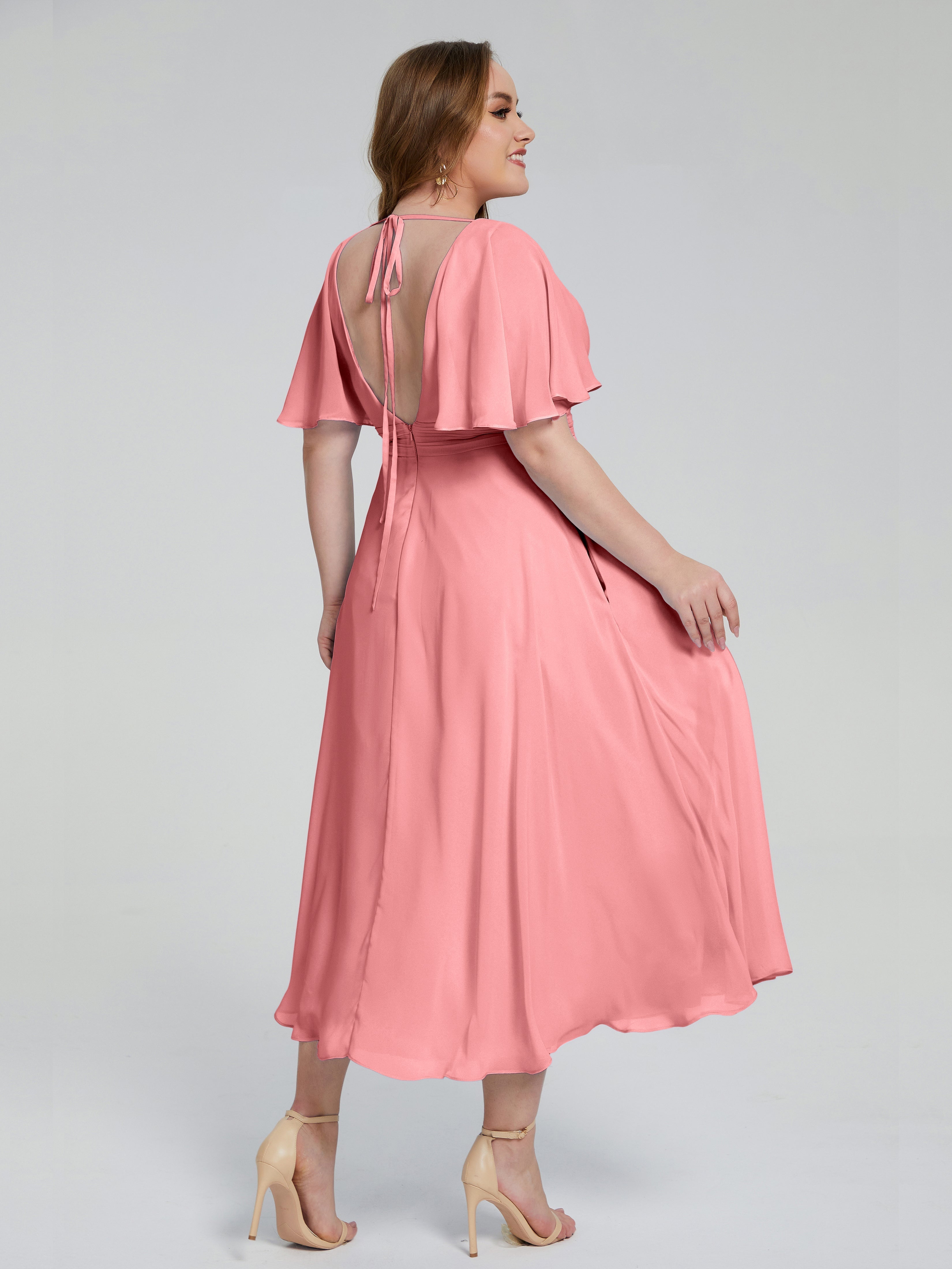 Robes De Demoiselle D'Honneur En Flamant Dos Nu Mousseline Robes Demoiselle D'Honneur Grande Taille
