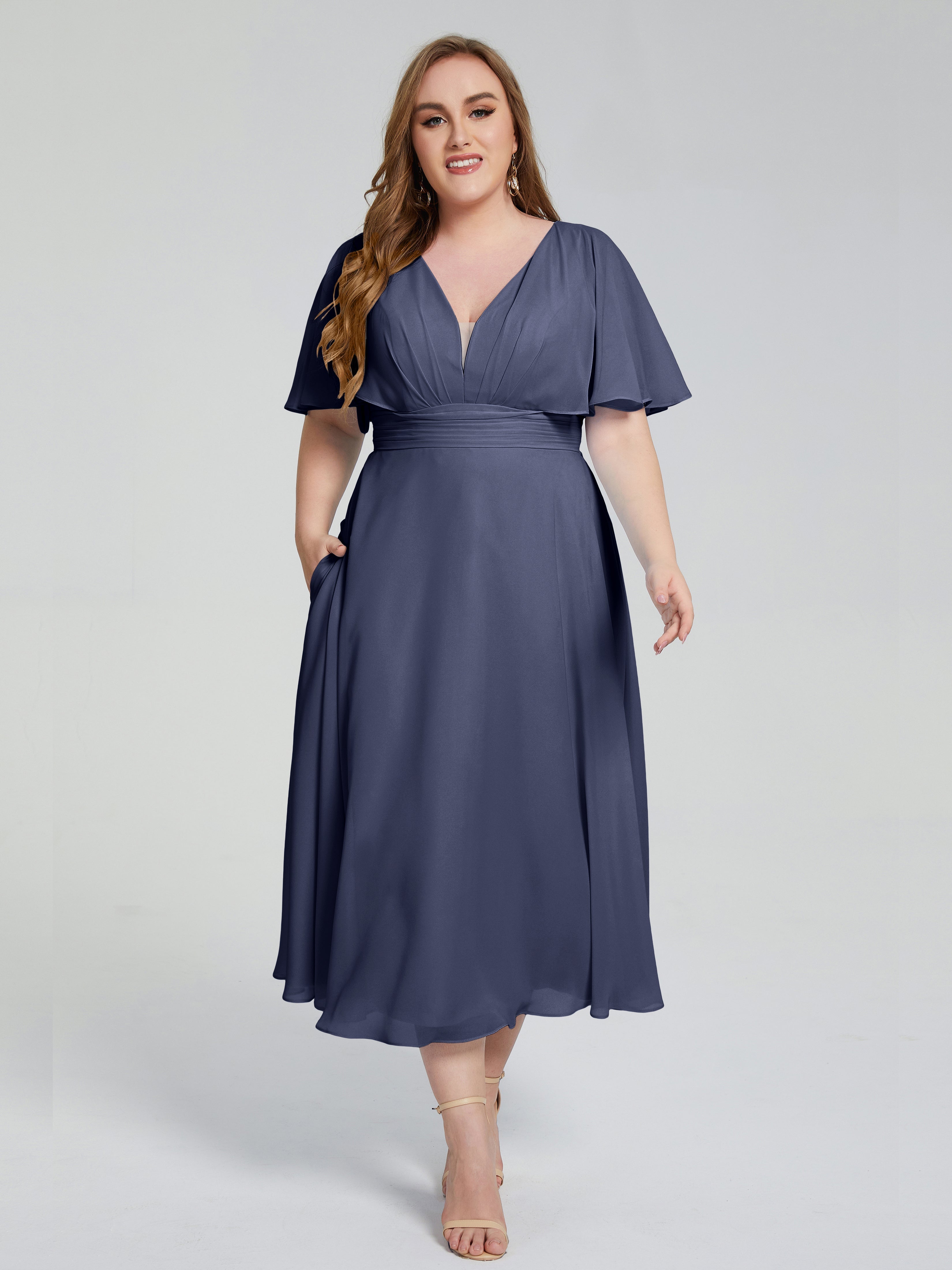 Robes De Demoiselle D'Honneur Bleu Orageux Dos Nu Mousseline Robes Demoiselle D'Honneur Grande Taille