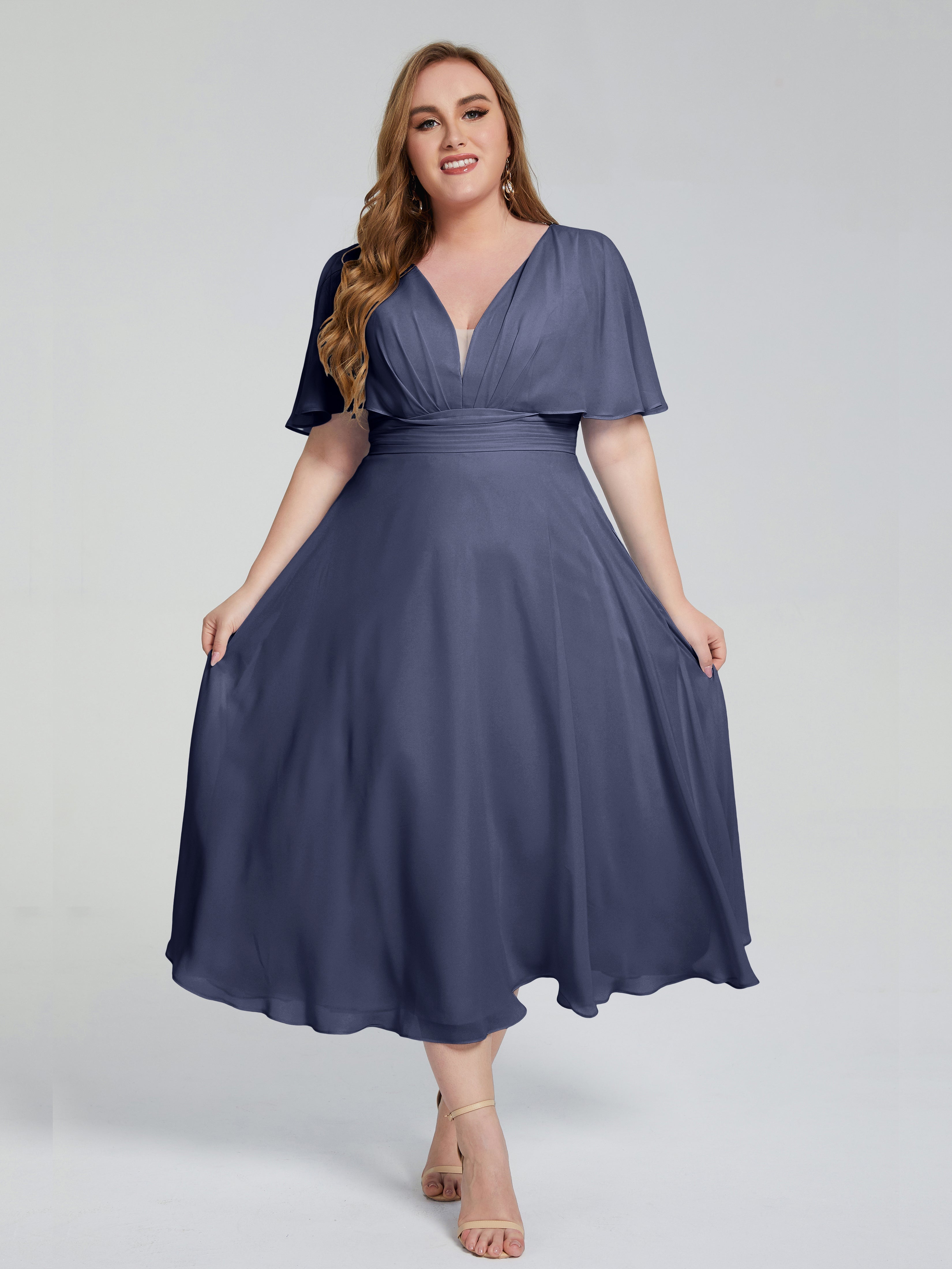 Robes De Demoiselle D'Honneur Bleu Orageux Dos Nu Mousseline Robes Demoiselle D'Honneur Grande Taille
