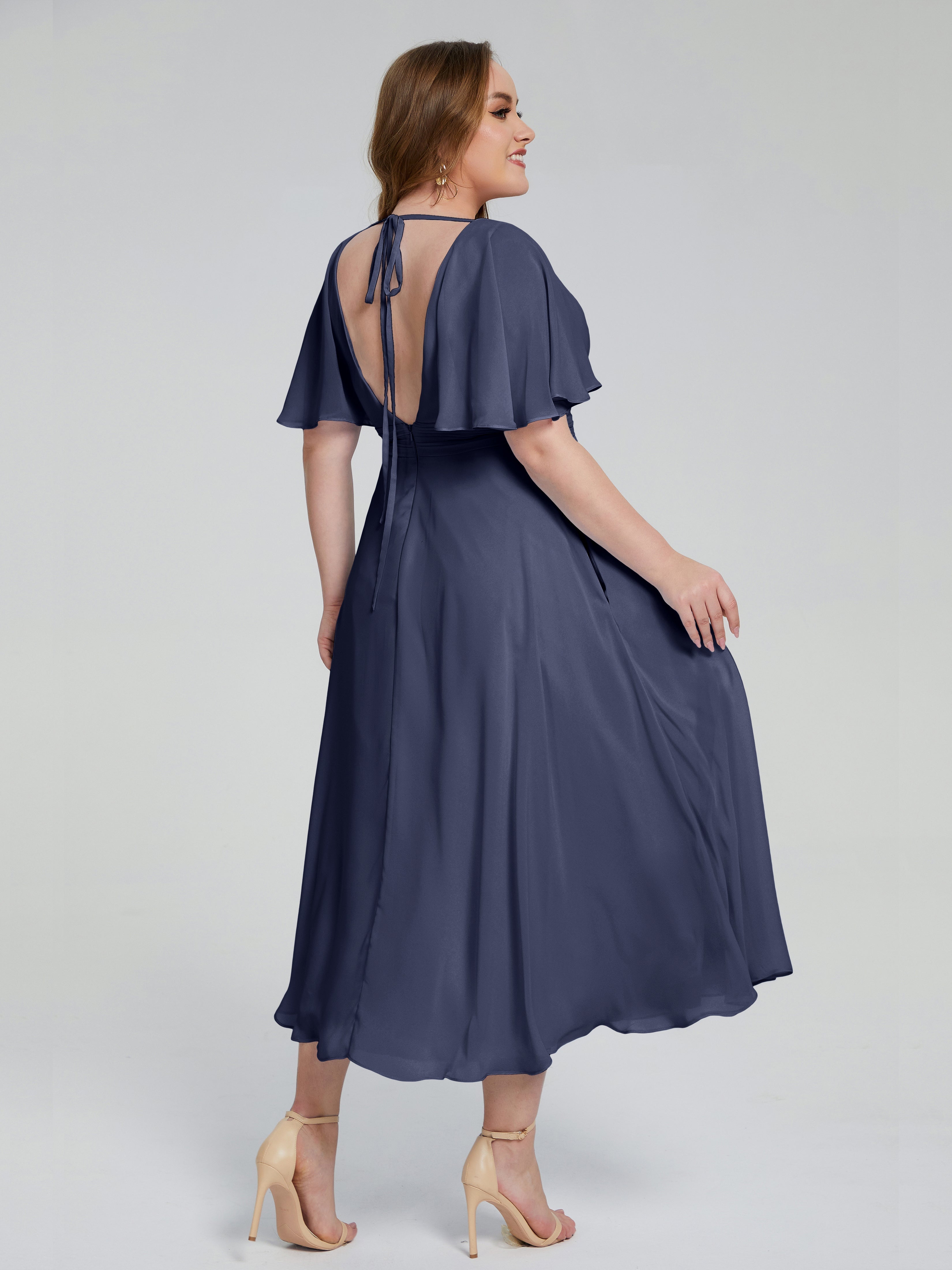 Robes De Demoiselle D'Honneur Bleu Orageux Dos Nu Mousseline Robes Demoiselle D'Honneur Grande Taille