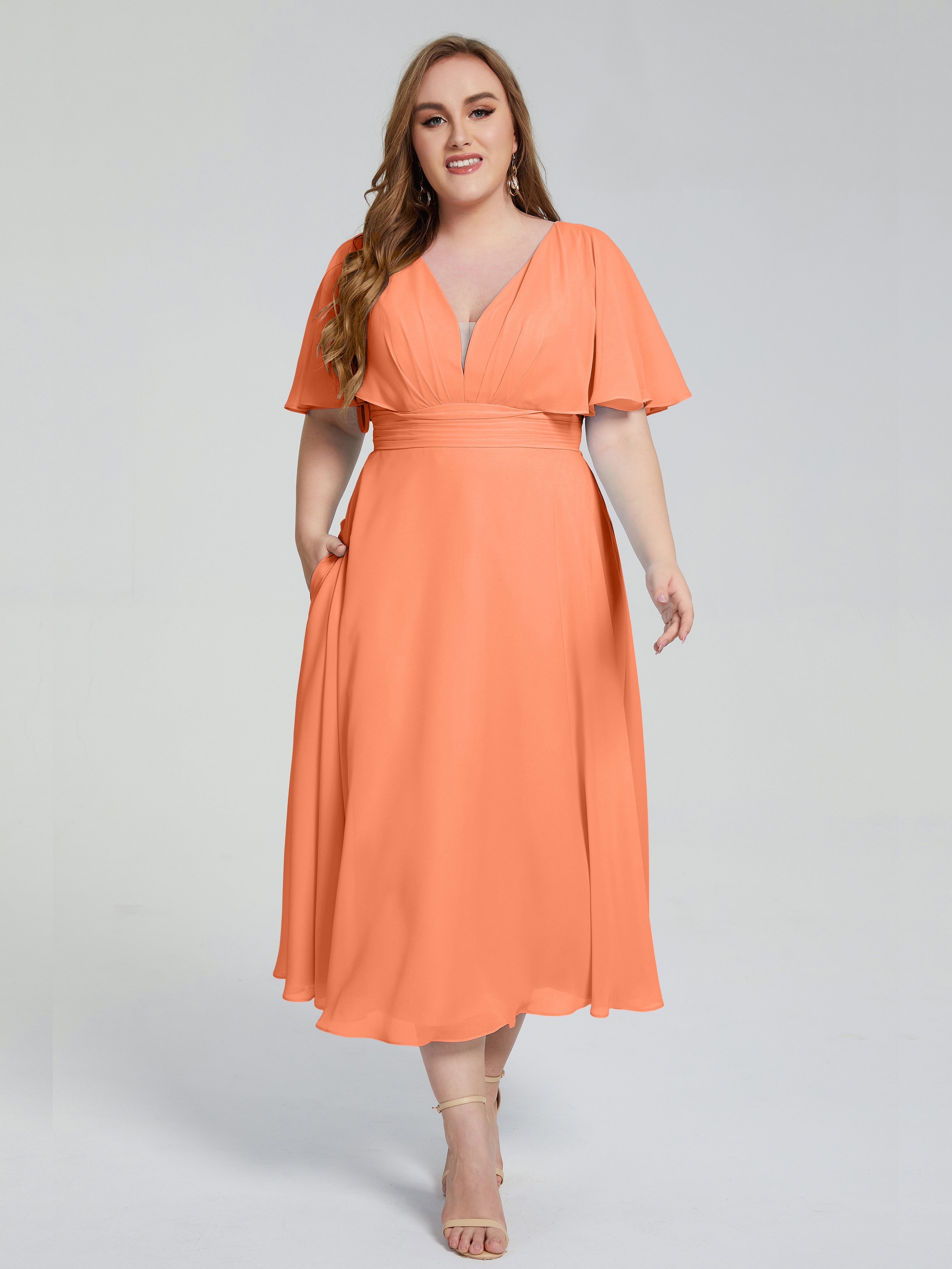 Robes De Demoiselle D'Honneur Papaye Dos Nu Mousseline Robes Demoiselle D'Honneur Grande Taille