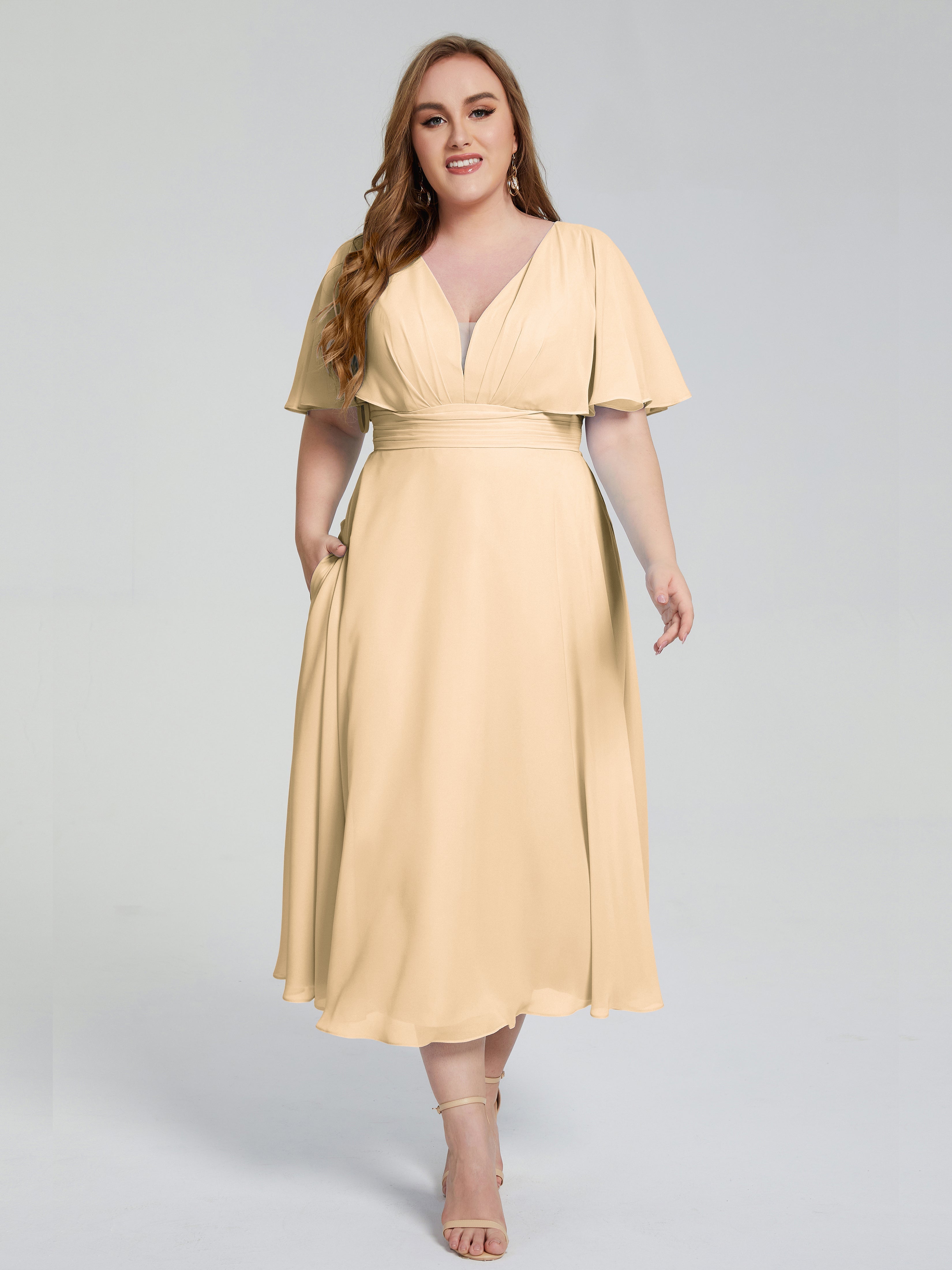 Robes De Demoiselle D'Honneur Rose Pêche Dos Nu Mousseline Robes Demoiselle D'Honneur Grande Taille