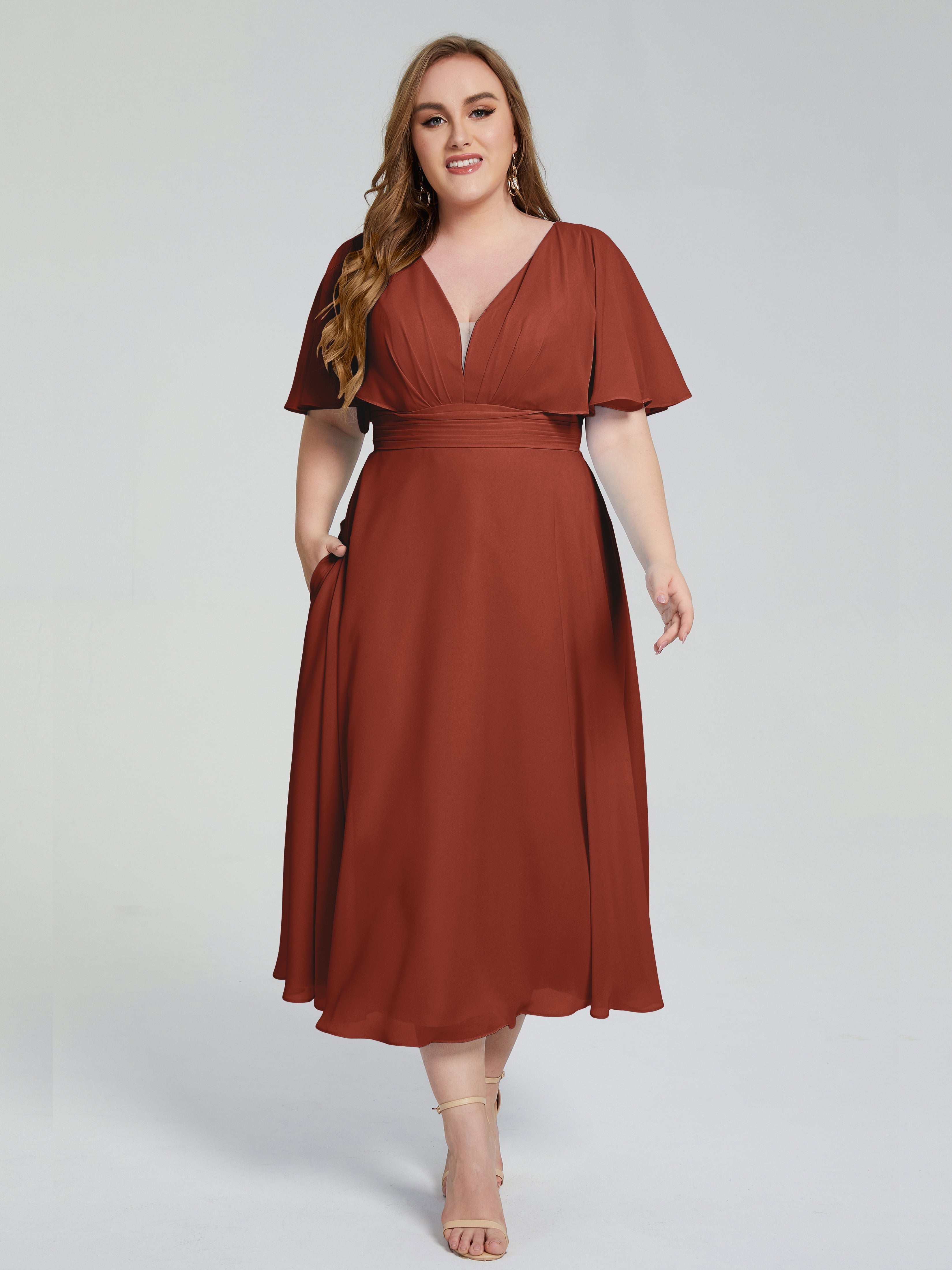 Robes De Demoiselle D'Honneur Rouille Grande Taille Dos Nu Mousseline Robes Demoiselle D'Honneur