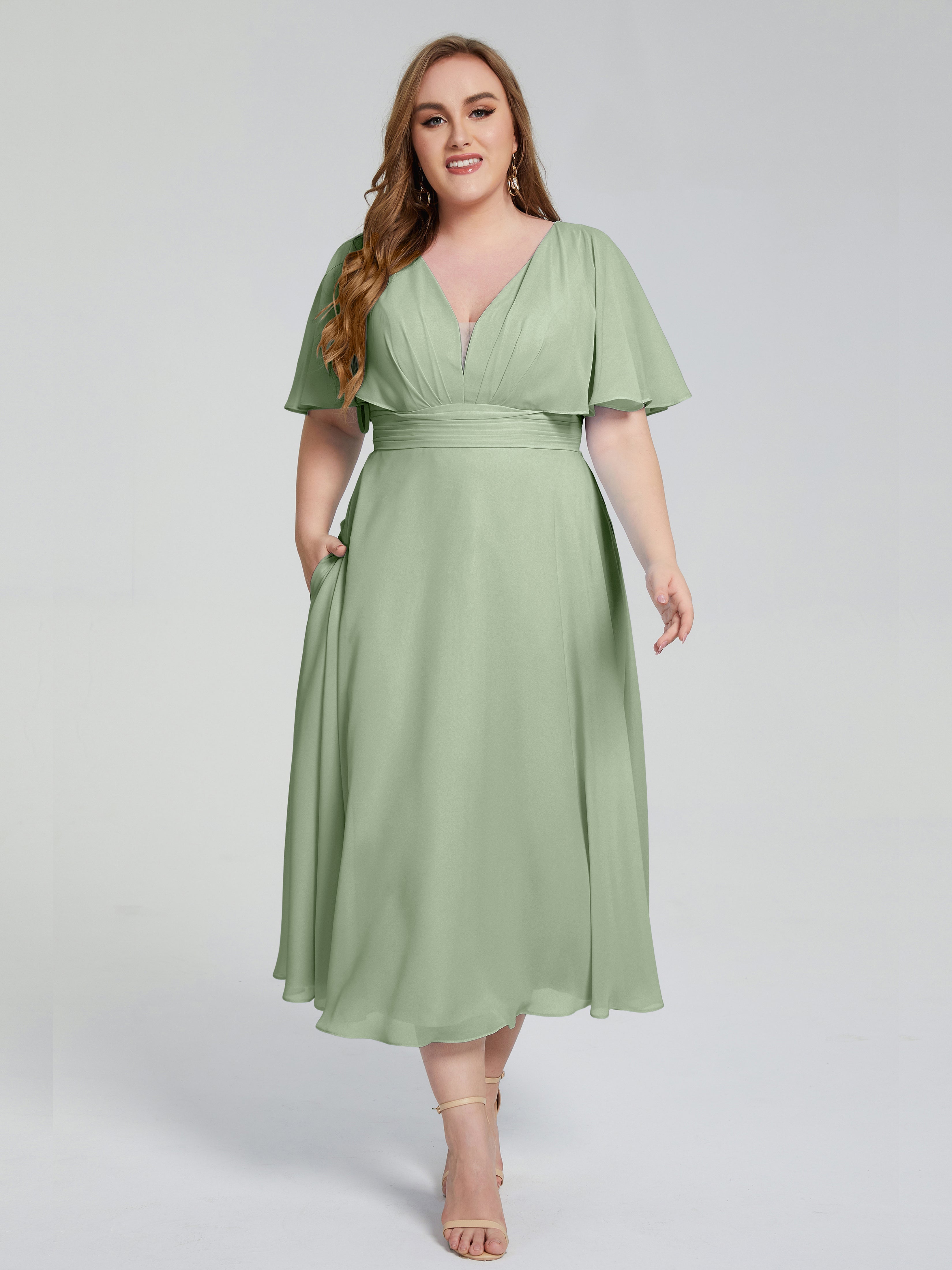 Robe De Demoiselle D'Honneur Grande Taille Sauge Poussiéreuse Dos Nu Mousseline Robes Demoiselle D'Honneur