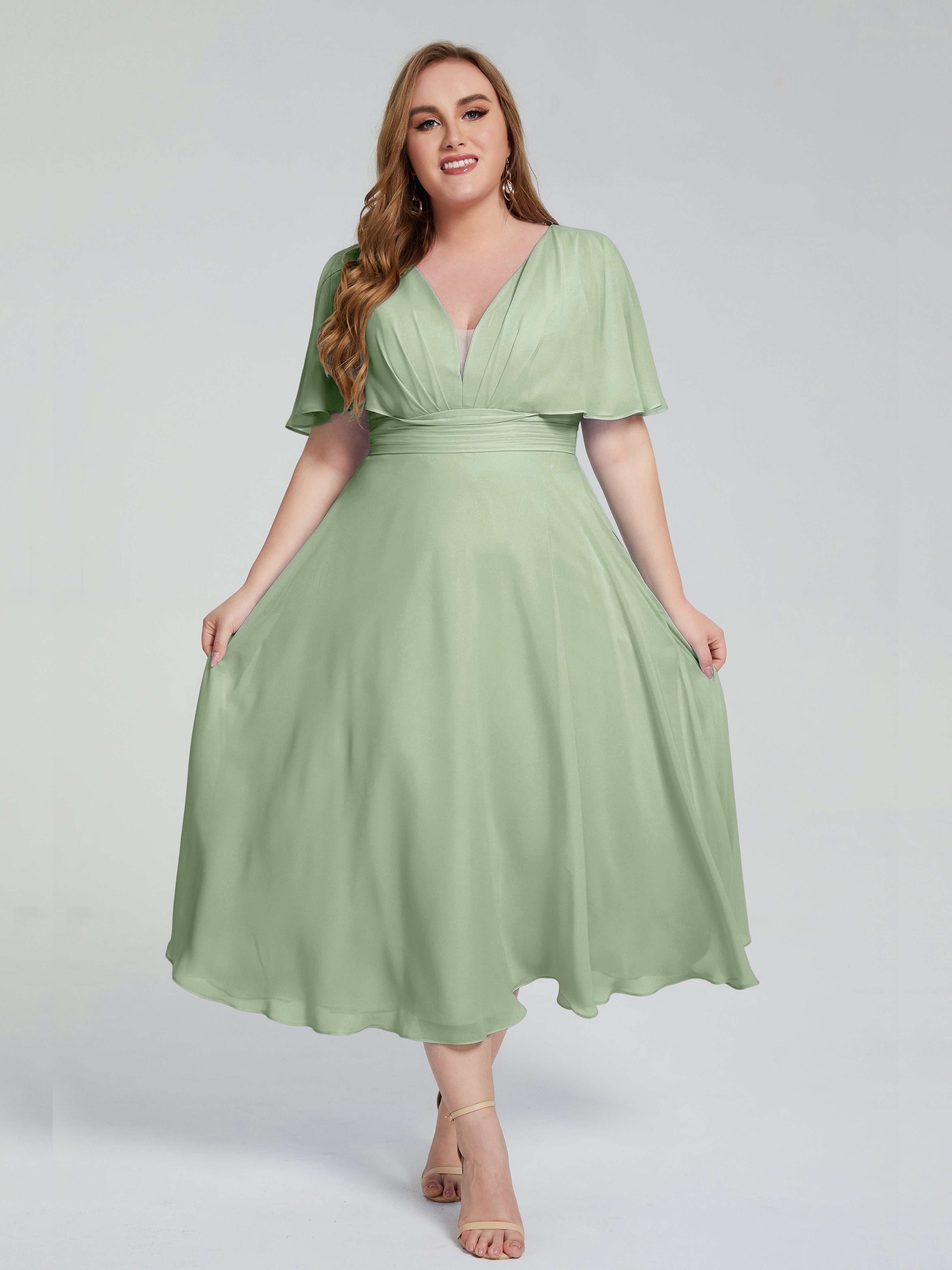 Robe De Demoiselle D'Honneur Grande Taille Sauge Poussiéreuse Dos Nu Mousseline Robes Demoiselle D'Honneur
