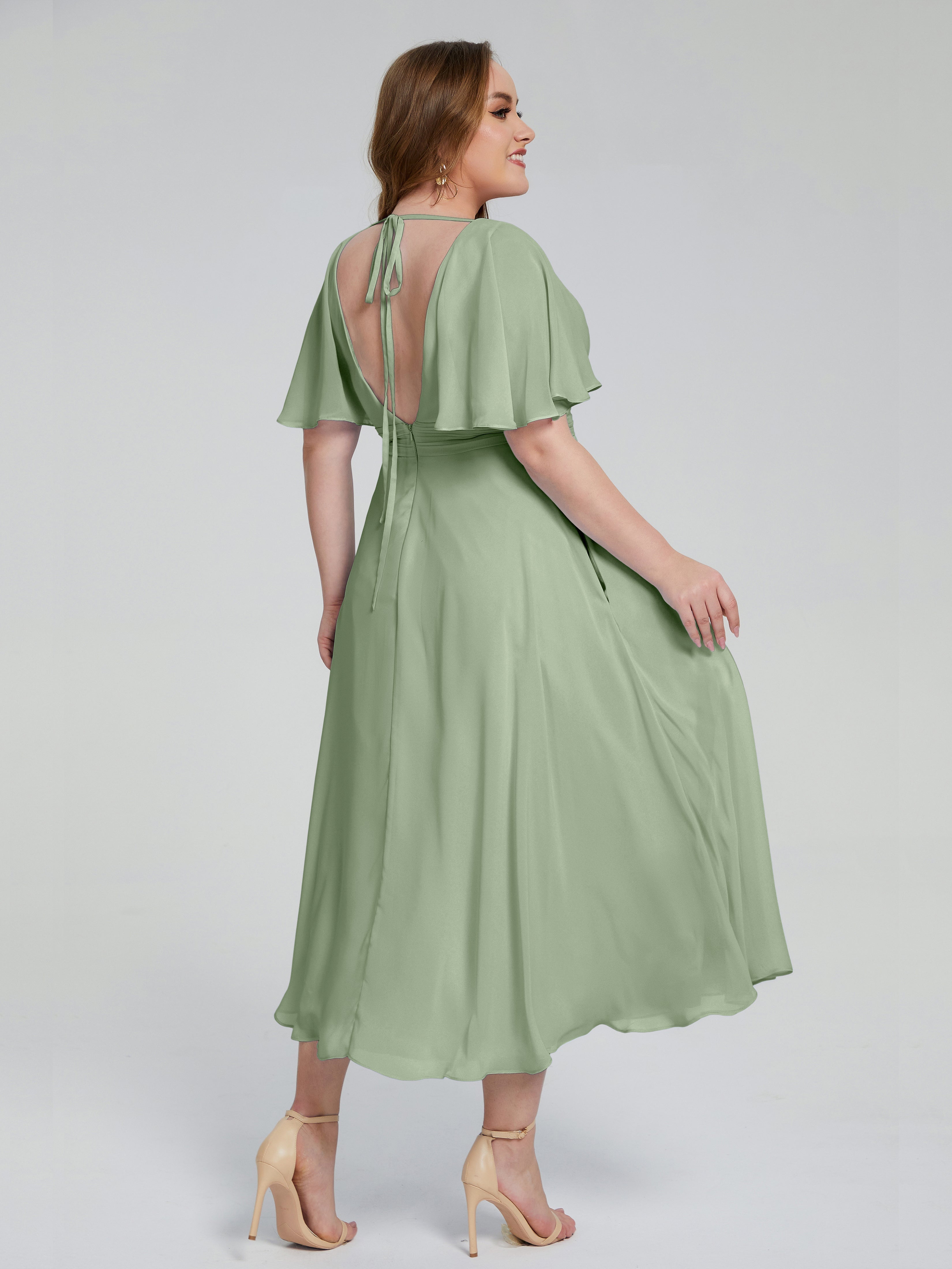 Robe De Demoiselle D'Honneur Grande Taille Sauge Poussiéreuse Dos Nu Mousseline Robes Demoiselle D'Honneur