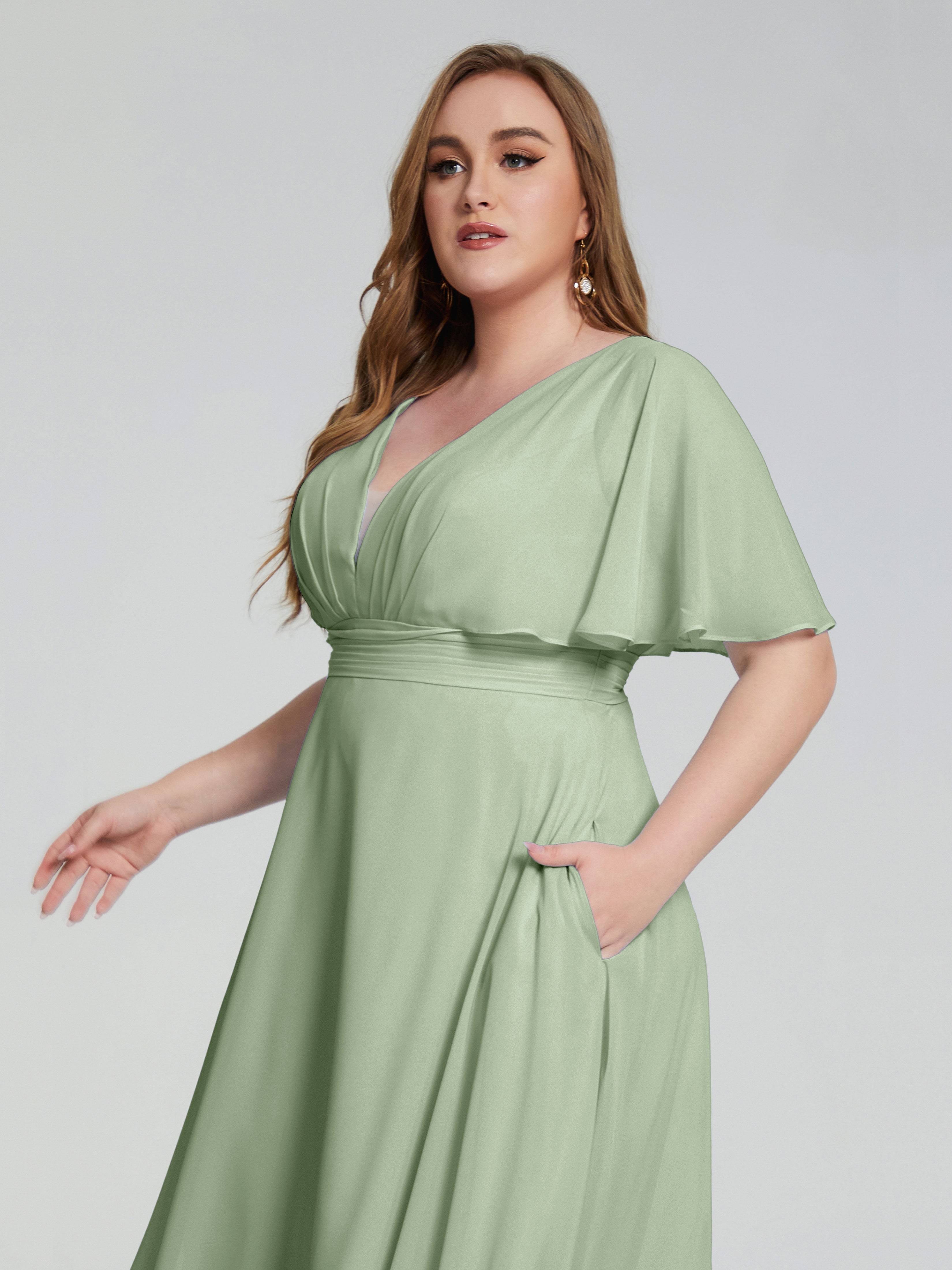 Robe De Demoiselle D'Honneur Grande Taille Sauge Poussiéreuse Dos Nu Mousseline Robes Demoiselle D'Honneur