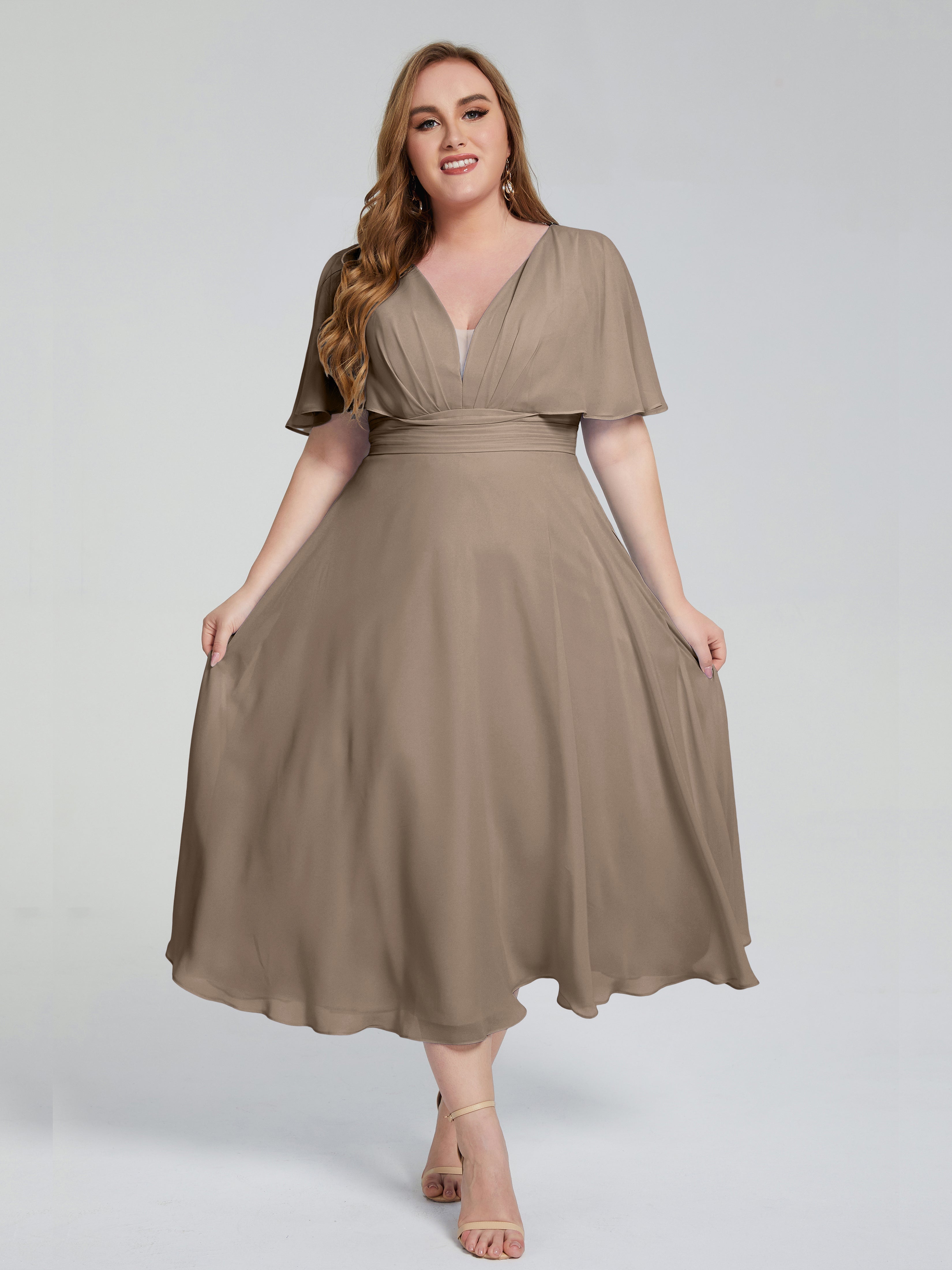 Robe De Couleur Taupe Dos Nu Mousseline Robes Demoiselle D'Honneur Grande Taille