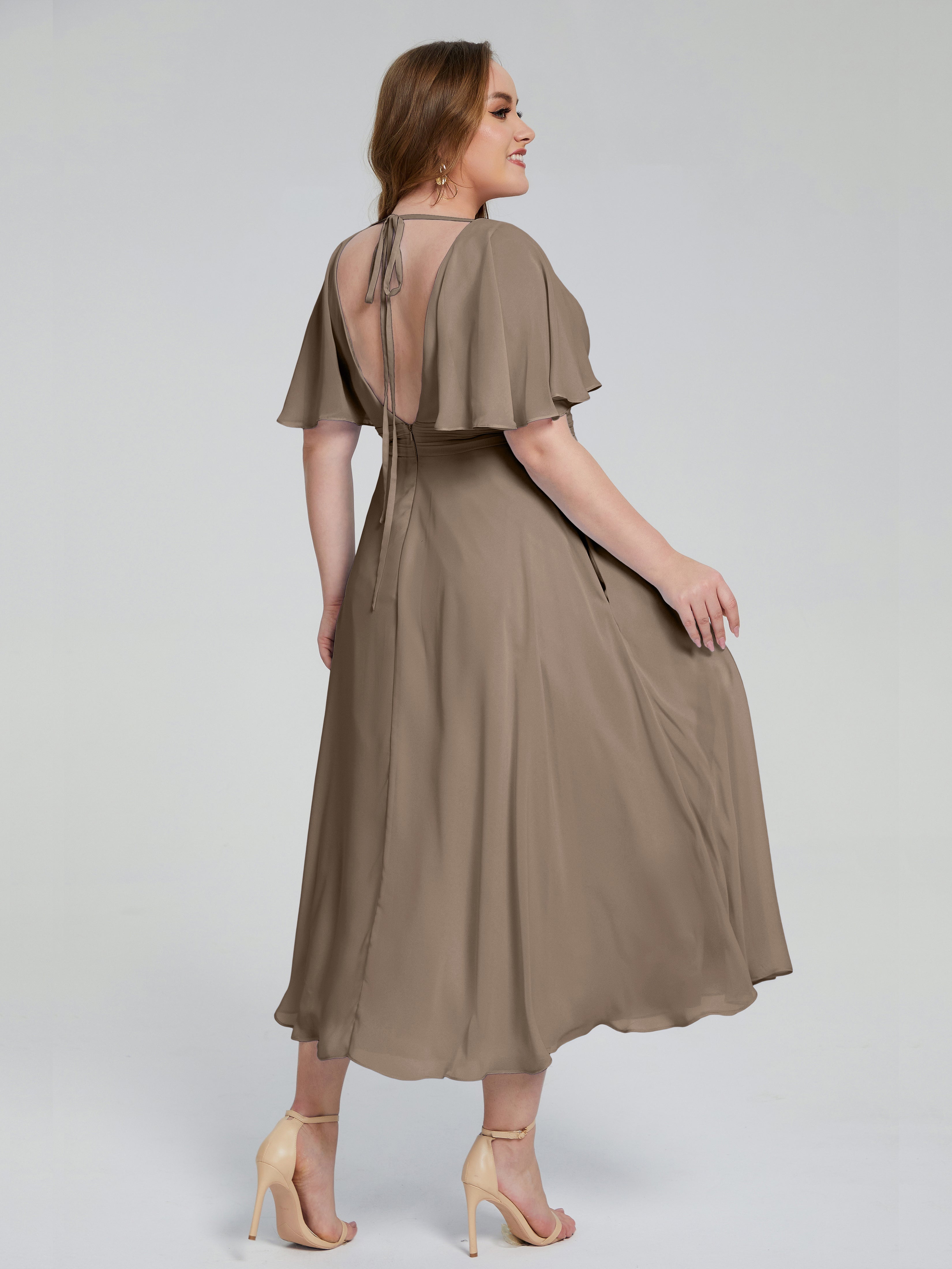 Robe De Couleur Taupe Dos Nu Mousseline Robes Demoiselle D'Honneur Grande Taille
