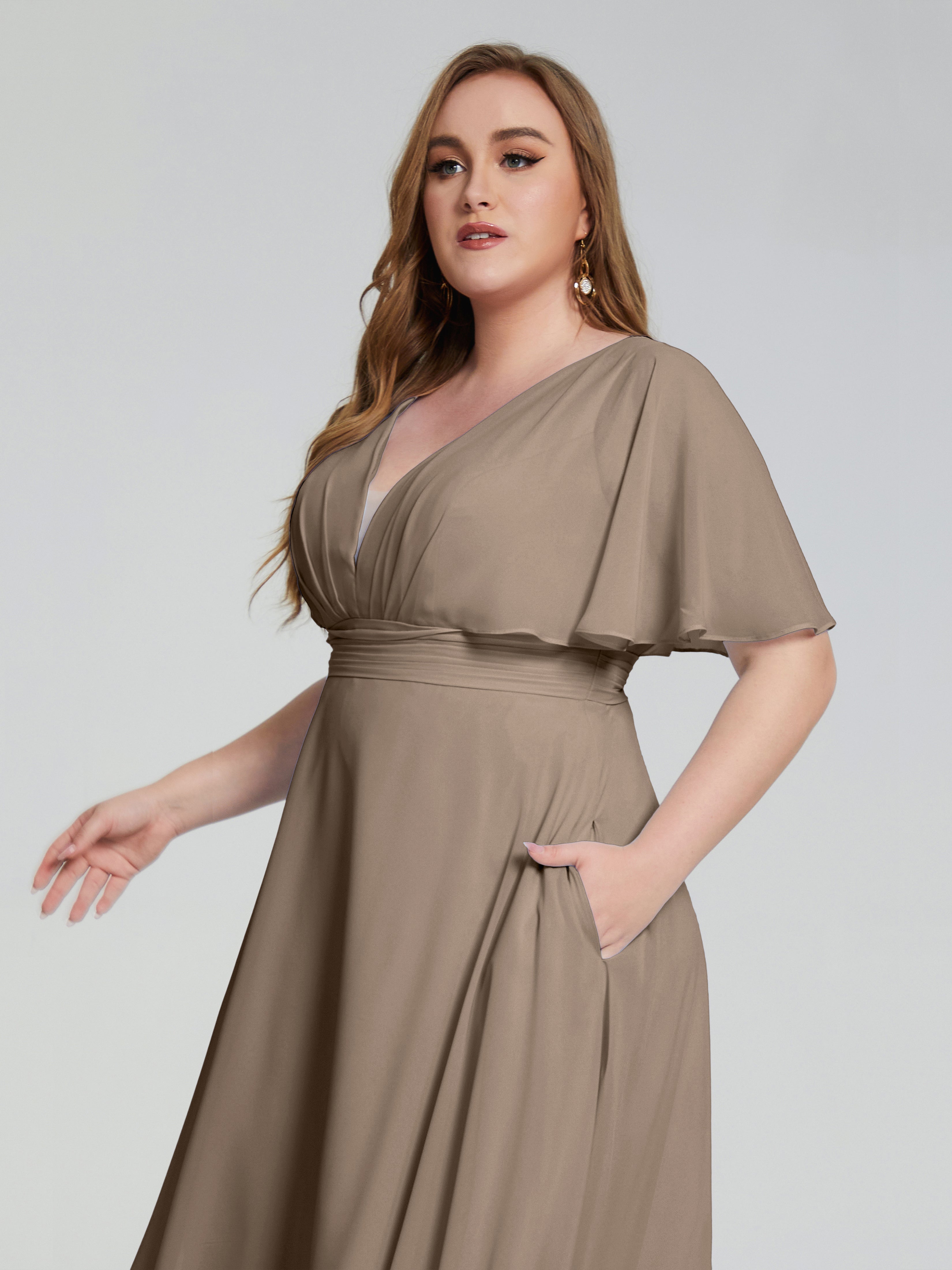 Robe De Couleur Taupe Dos Nu Mousseline Robes Demoiselle D'Honneur Grande Taille