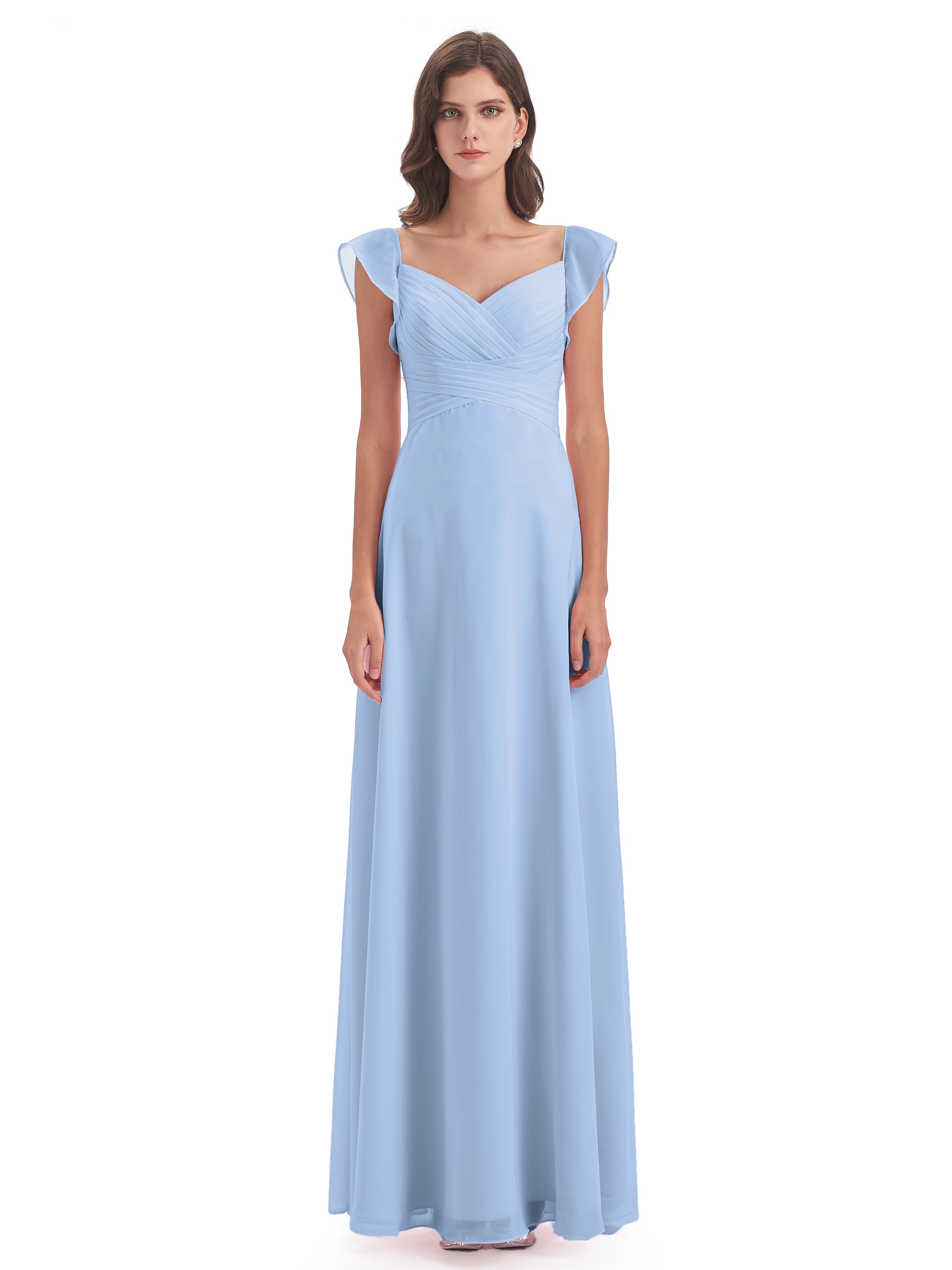 Robe Longue Bleu Ciel Demoiselle D Honneur Fourreau/Colonne Col V Longue Robes Demoiselle D'Honneur