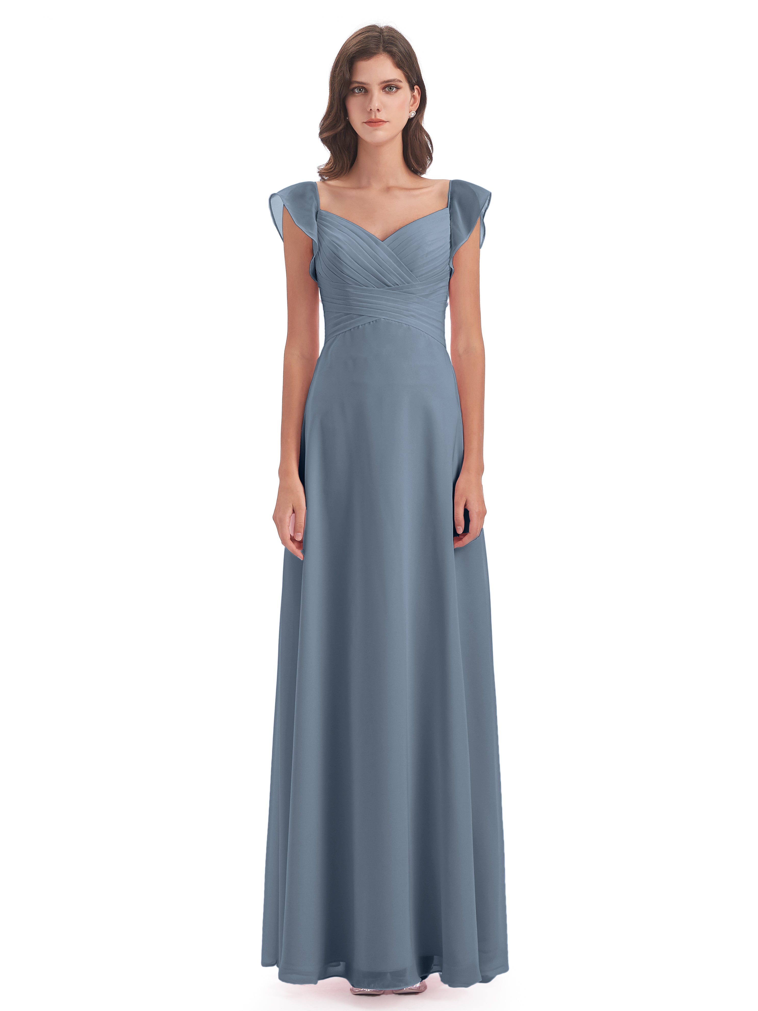 Robes De Demoiselle D'Honneur Bleu Poussiéreux Fourreau/Colonne Col V Longue Robes Demoiselle D'Honneur