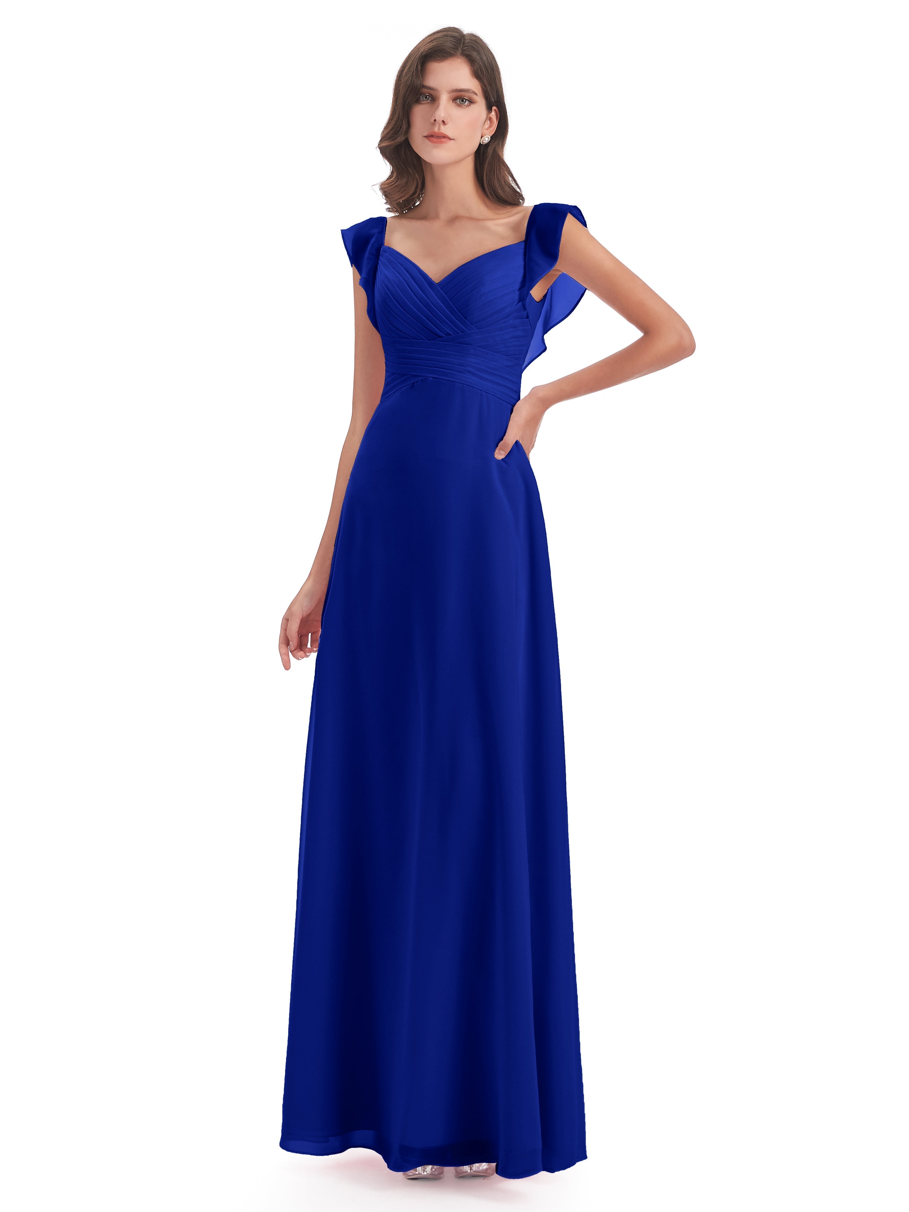 Robes De Demoiselle D'Honneur Bleu Royal Longues Fourreau/Colonne Col V Longue Robes Demoiselle D'Honneur