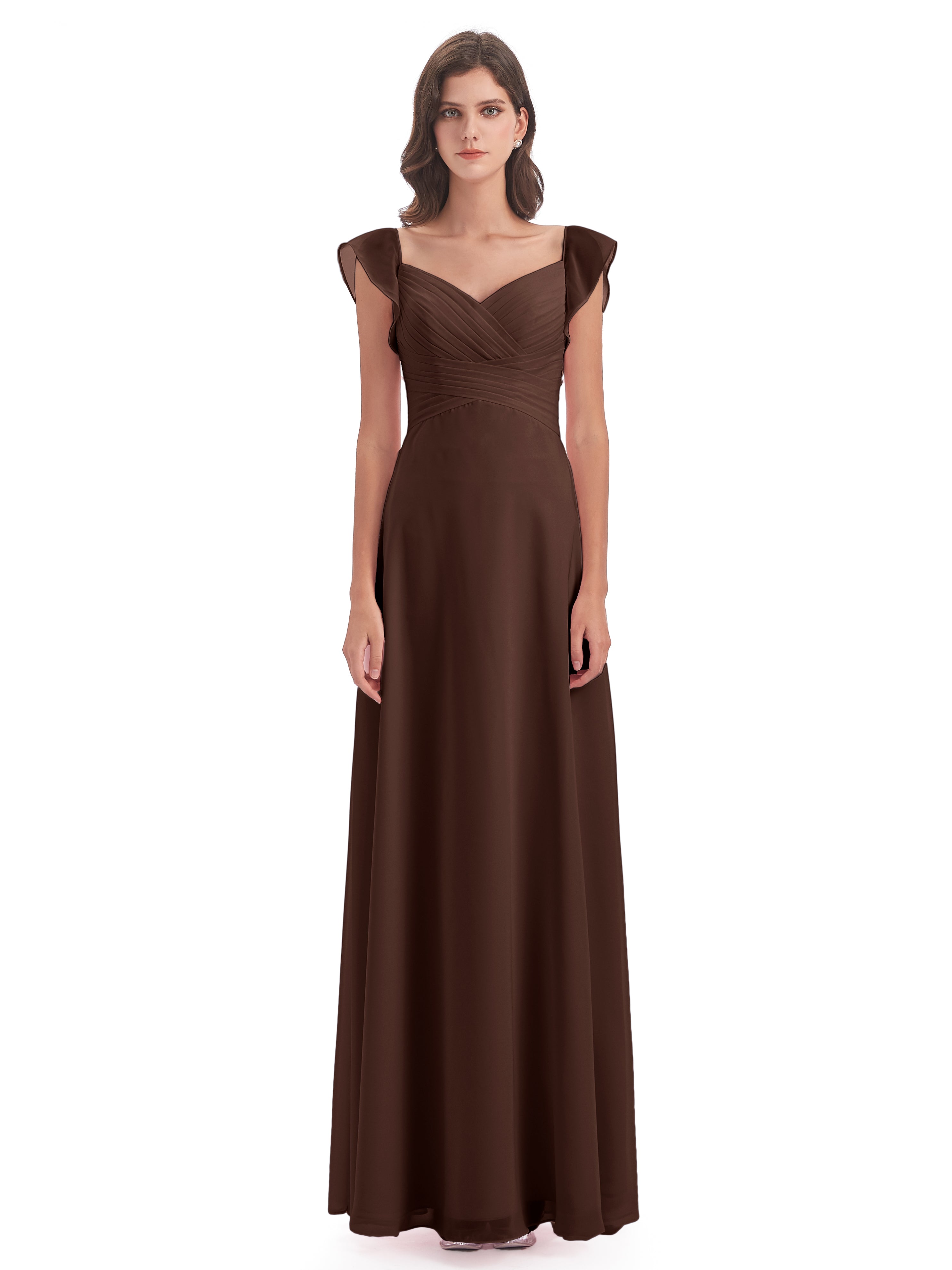 Robe Demoiselle D Honneur Marron Chocolat Fourreau/Colonne Col V Longue Robes Demoiselle D'Honneur