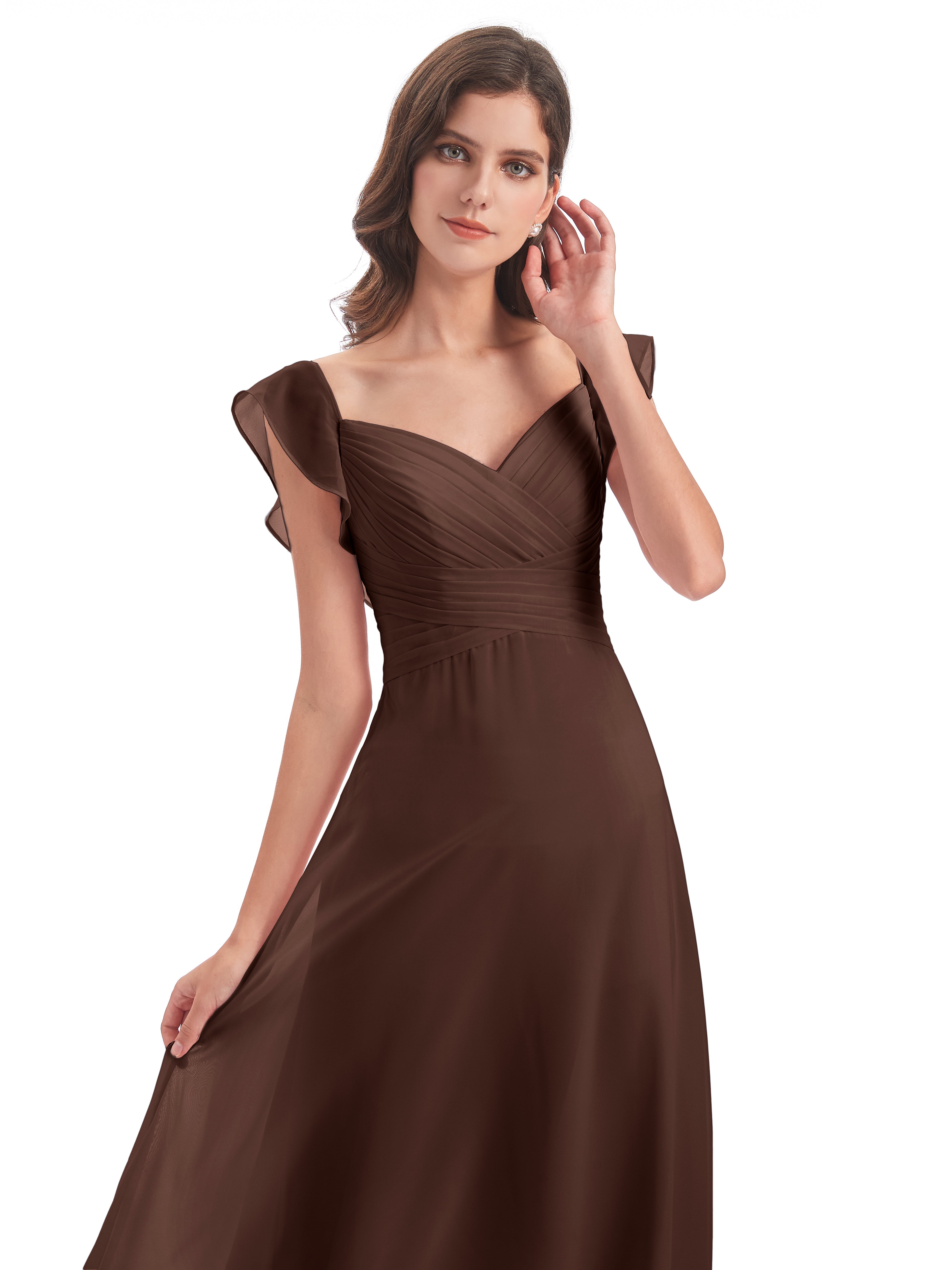 Robe Demoiselle D Honneur Marron Chocolat Fourreau/Colonne Col V Longue Robes Demoiselle D'Honneur