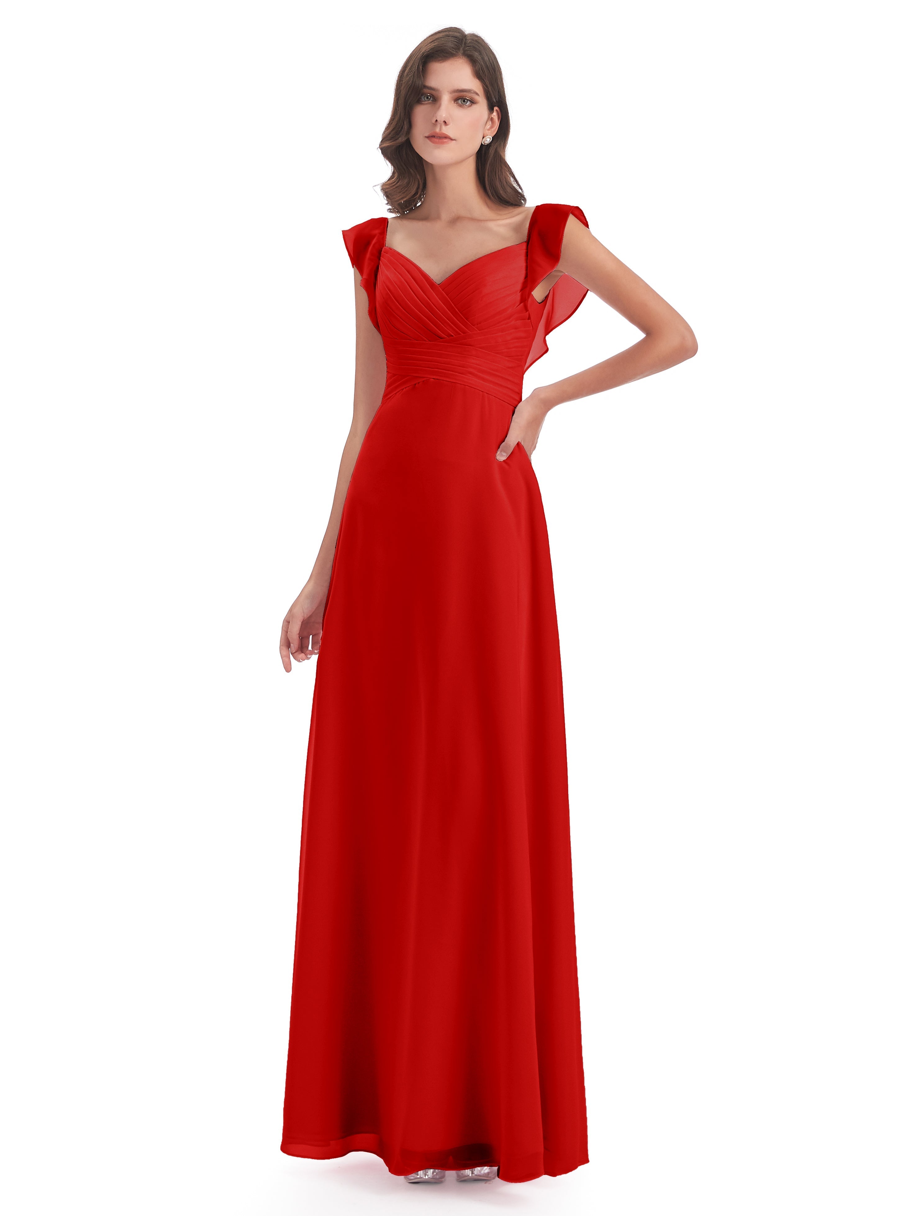 Robe Rouge Mariage Demoiselle D Honneur Fourreau/Colonne Col V Longue Robes Demoiselle D'Honneur