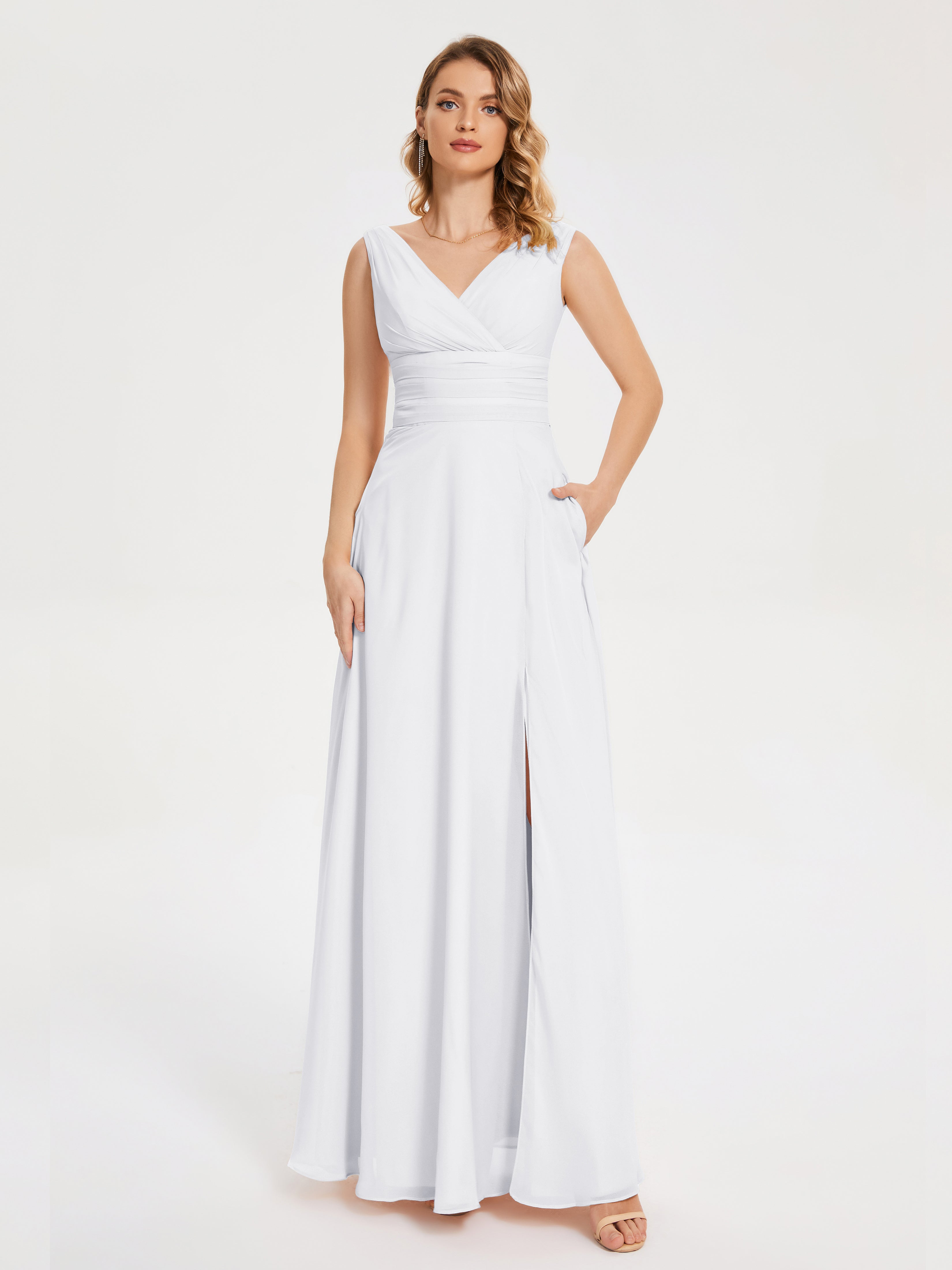 Robe Blanche Demoiselle D Honneur Bretelles Fendue Col V Mousseline Robes Demoiselle D'Honneur