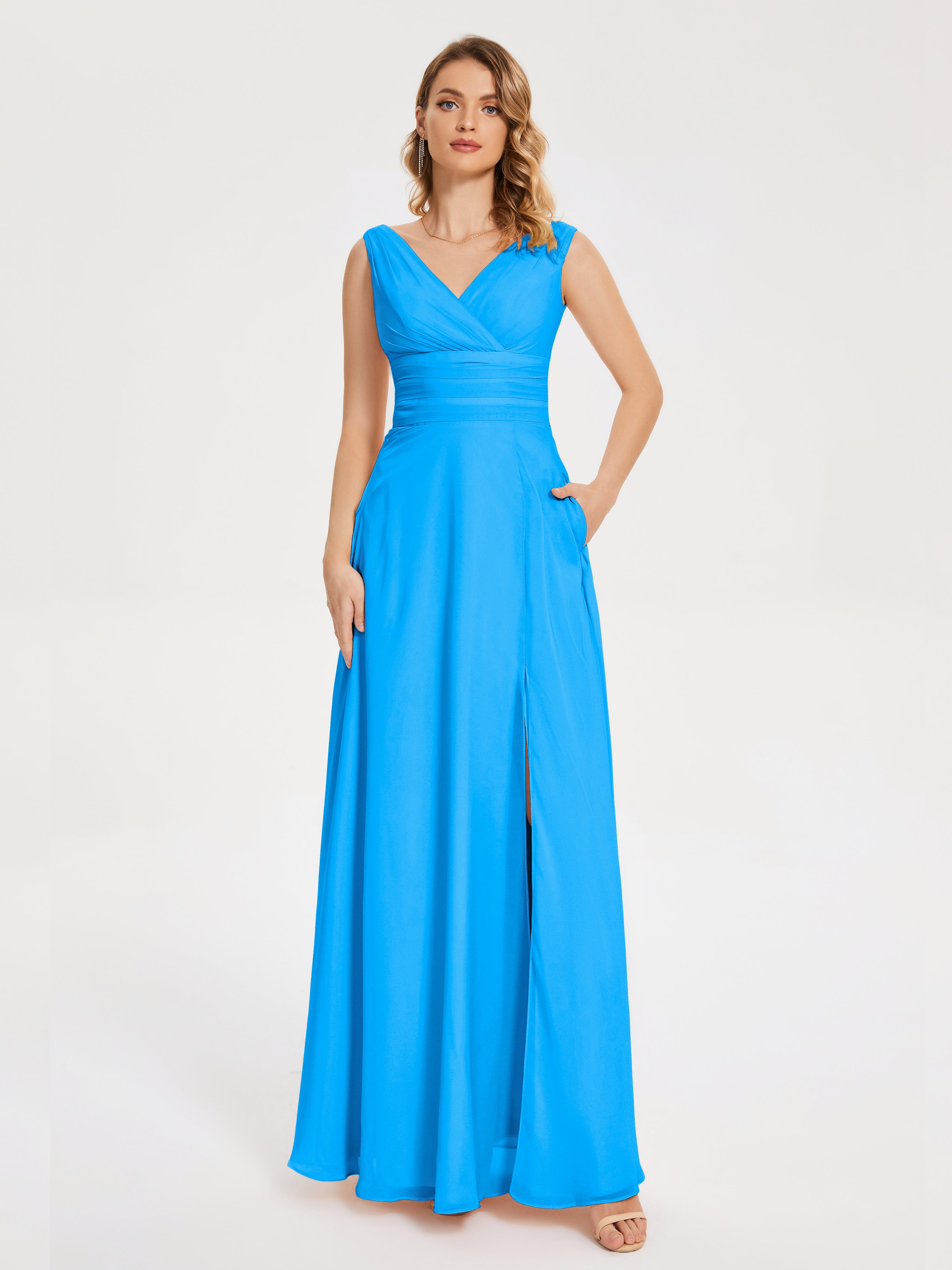 Robes De Demoiselle D'Honneur Bleu Océan Bretelles Fendue Col V Mousseline Robes Demoiselle D'Honneur