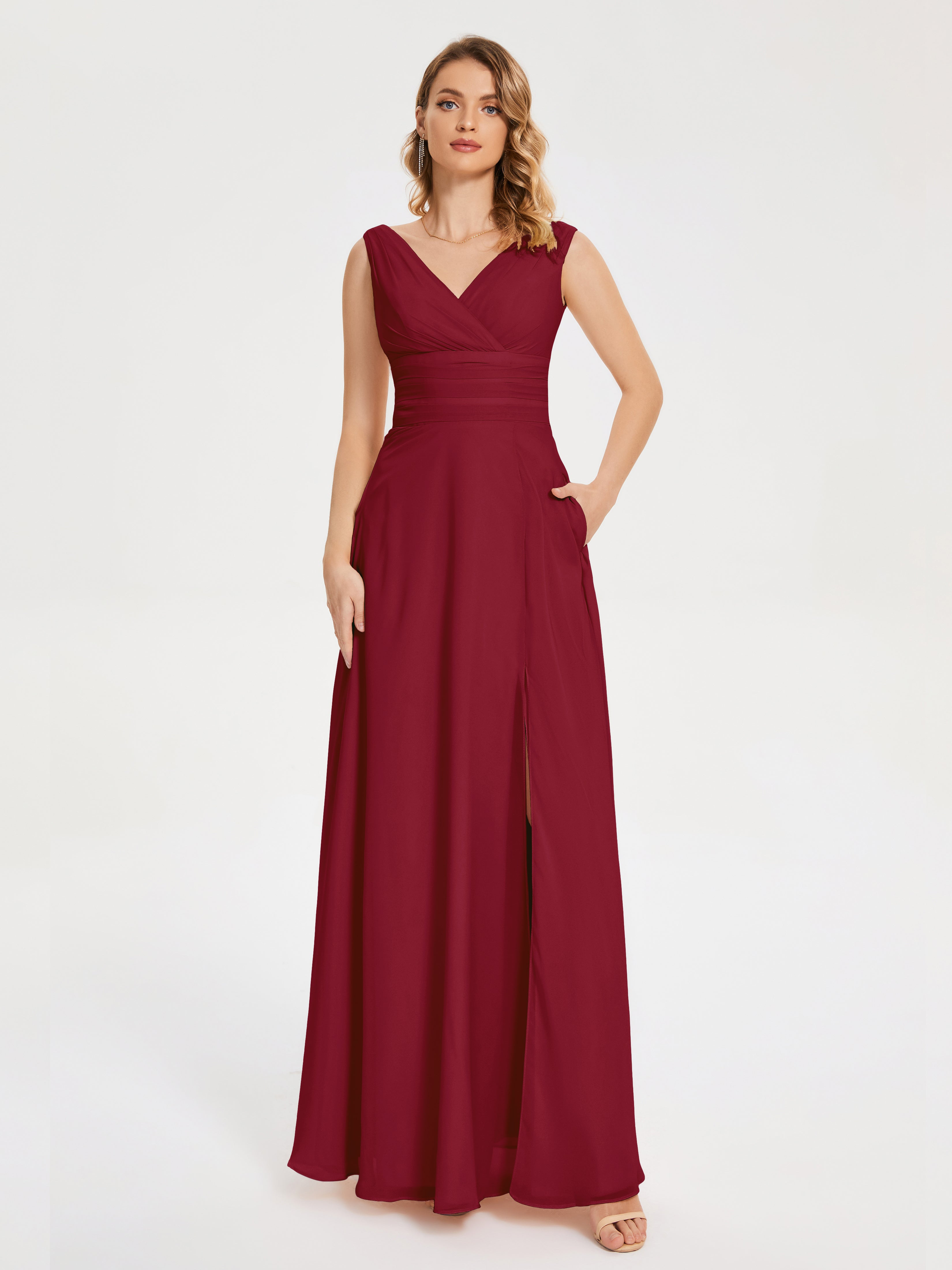 Robe Demoiselle Dhonneur Bordeaux Bretelles Fendue Col V Mousseline Robes Demoiselle D'Honneur