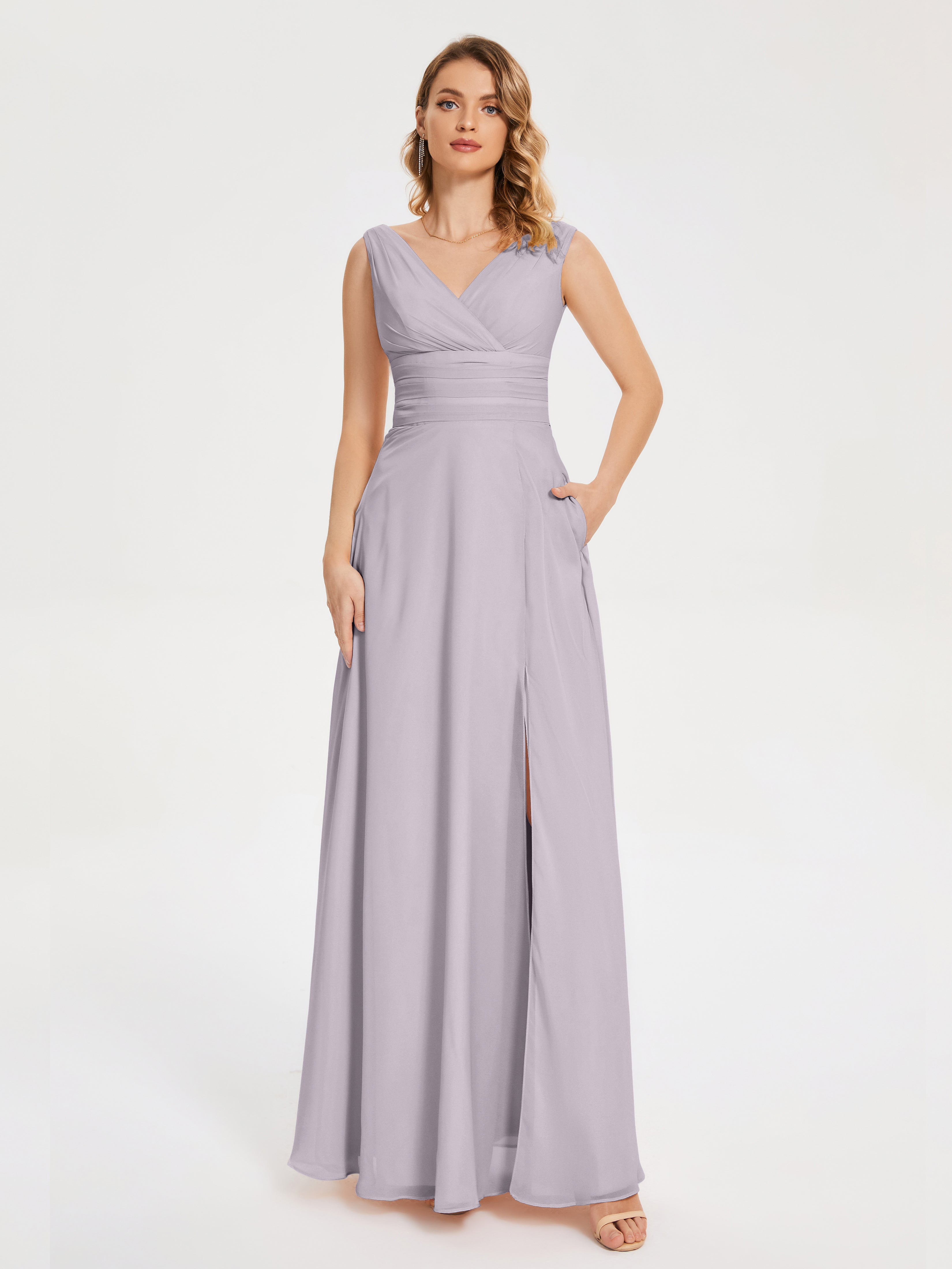 Robes De Demoiselle D'Honneur Crépuscule Bretelles Fendue Col V Mousseline Robes Demoiselle D'Honneur