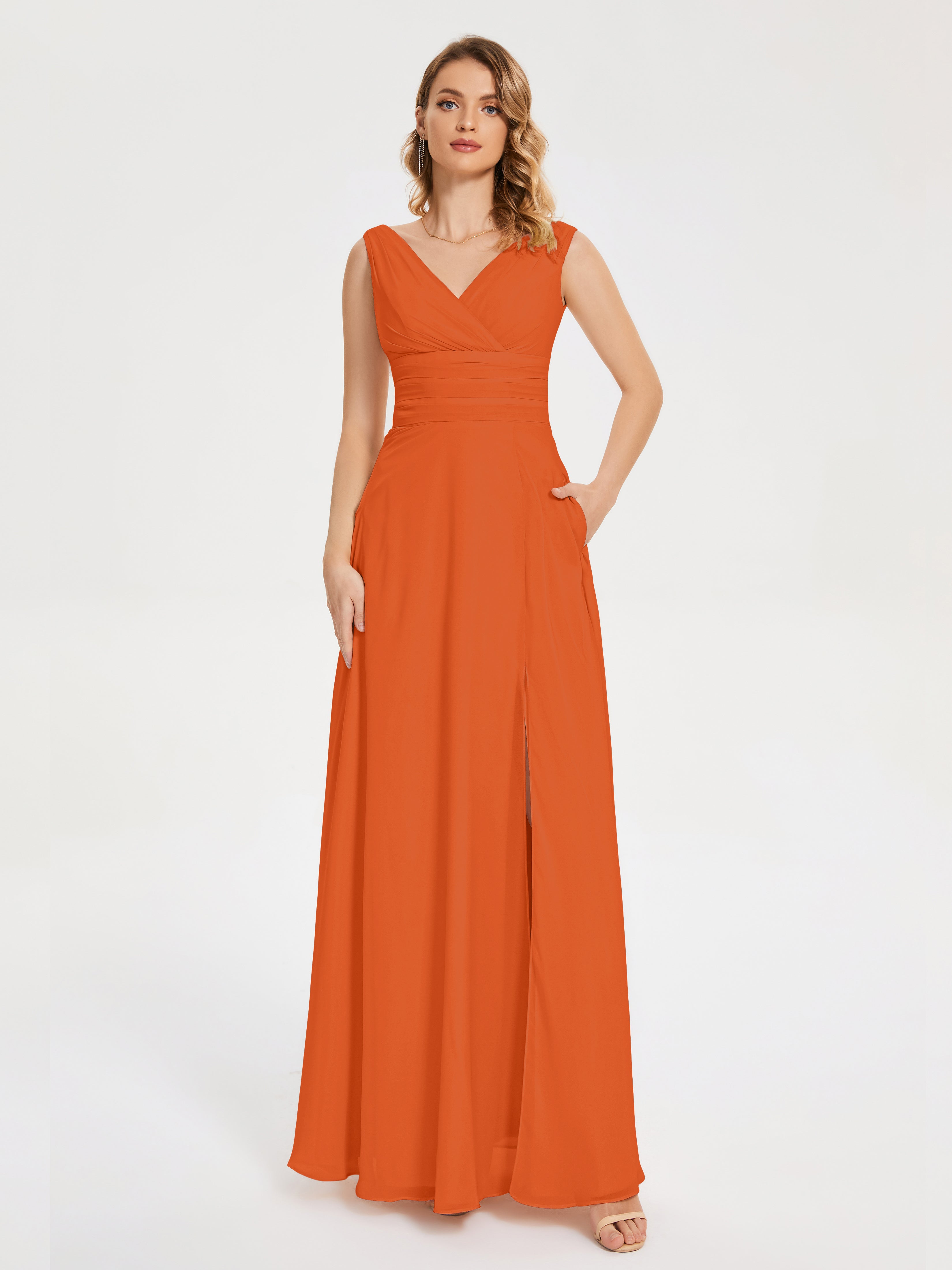 Robe Demoiselle D Honneur Orange Brulé Bretelles Fendue Col V Mousseline Robes Demoiselle D'Honneur