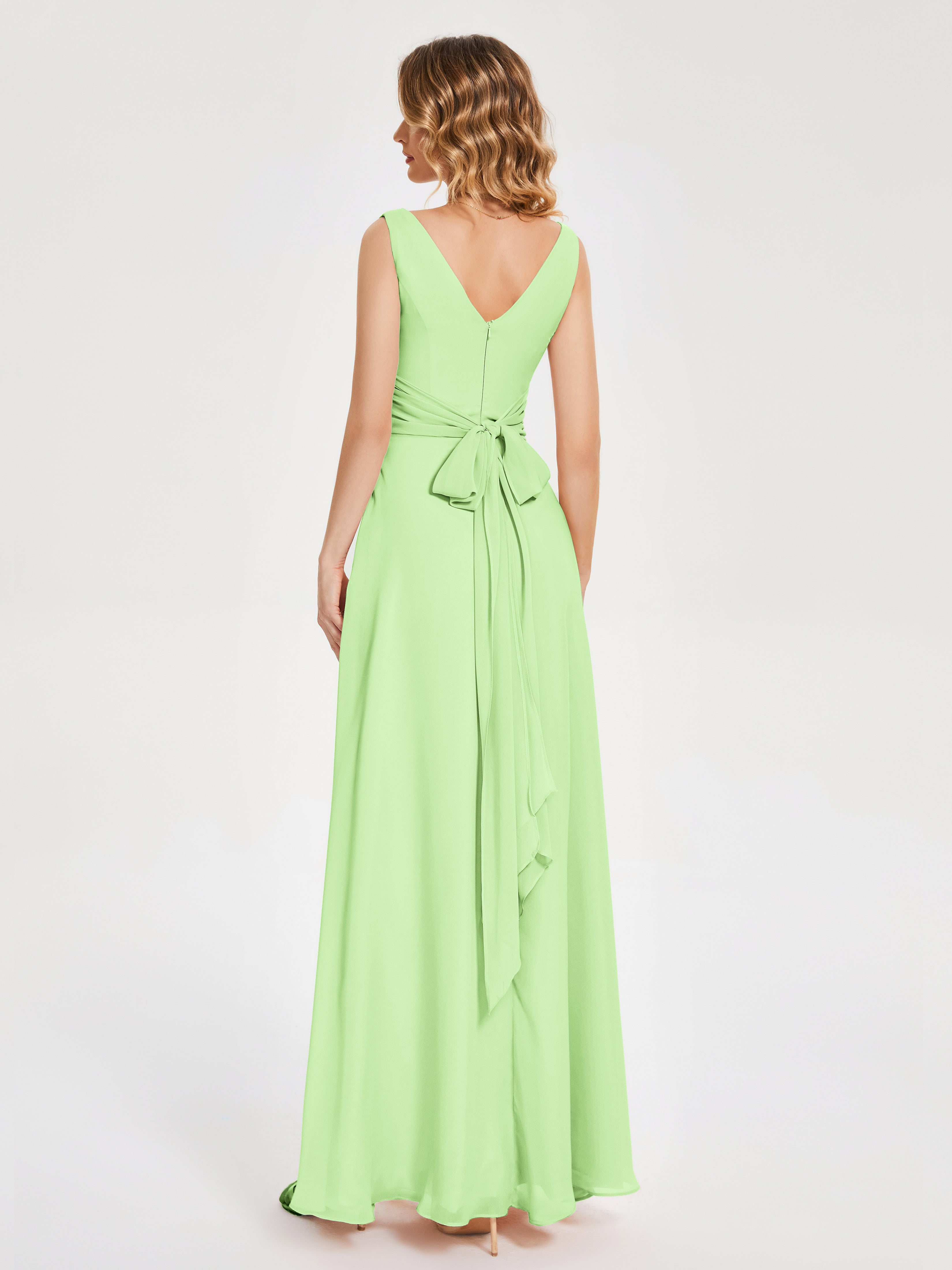 Robe Demoiselle Vert Sauge Bretelles Fendue Col V Mousseline Robes Demoiselle D'Honneur