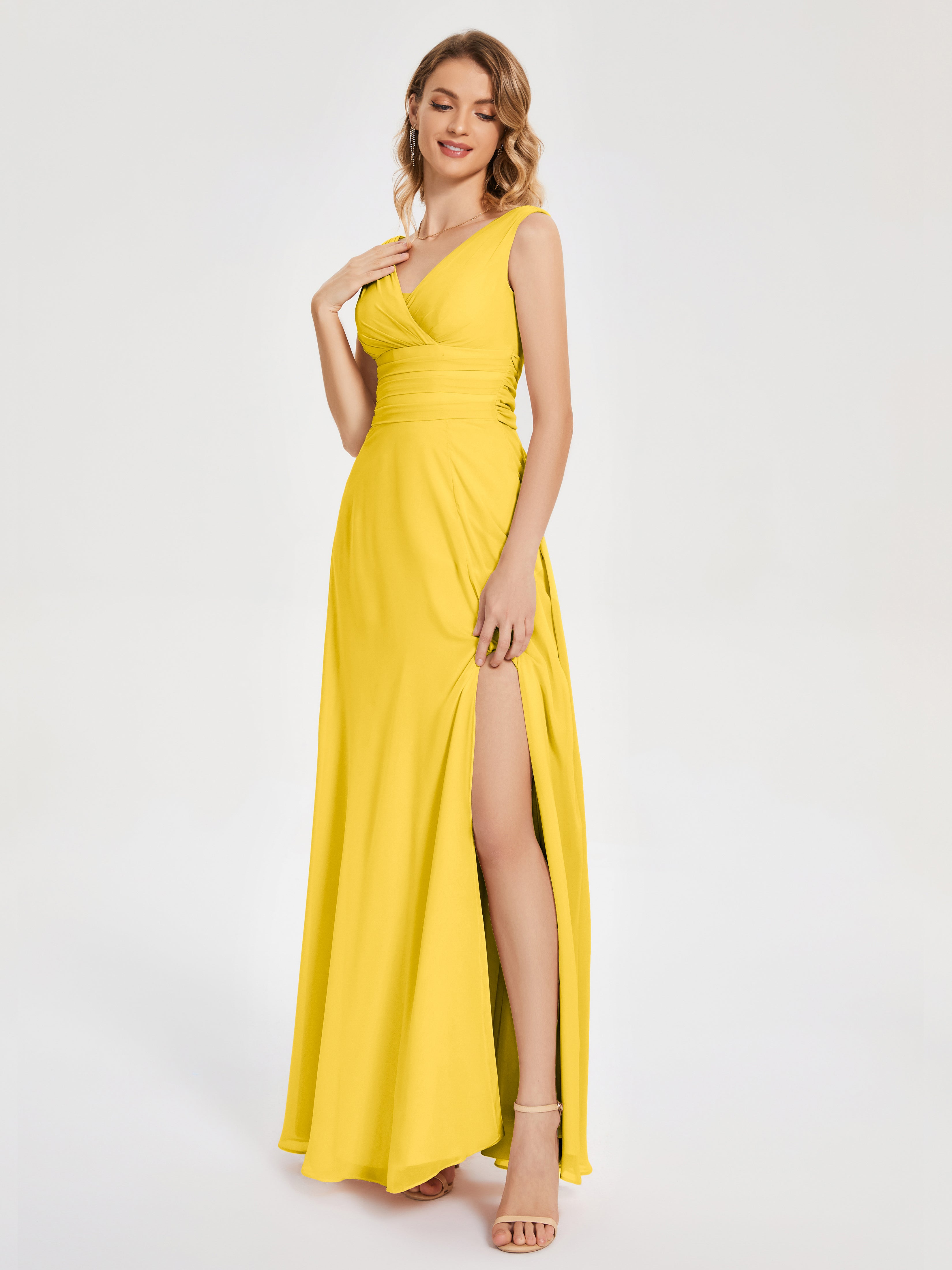 Robe De Demoiselle D'Honneur Souci Bretelles Fendue Col V Mousseline Robes Demoiselle D'Honneur