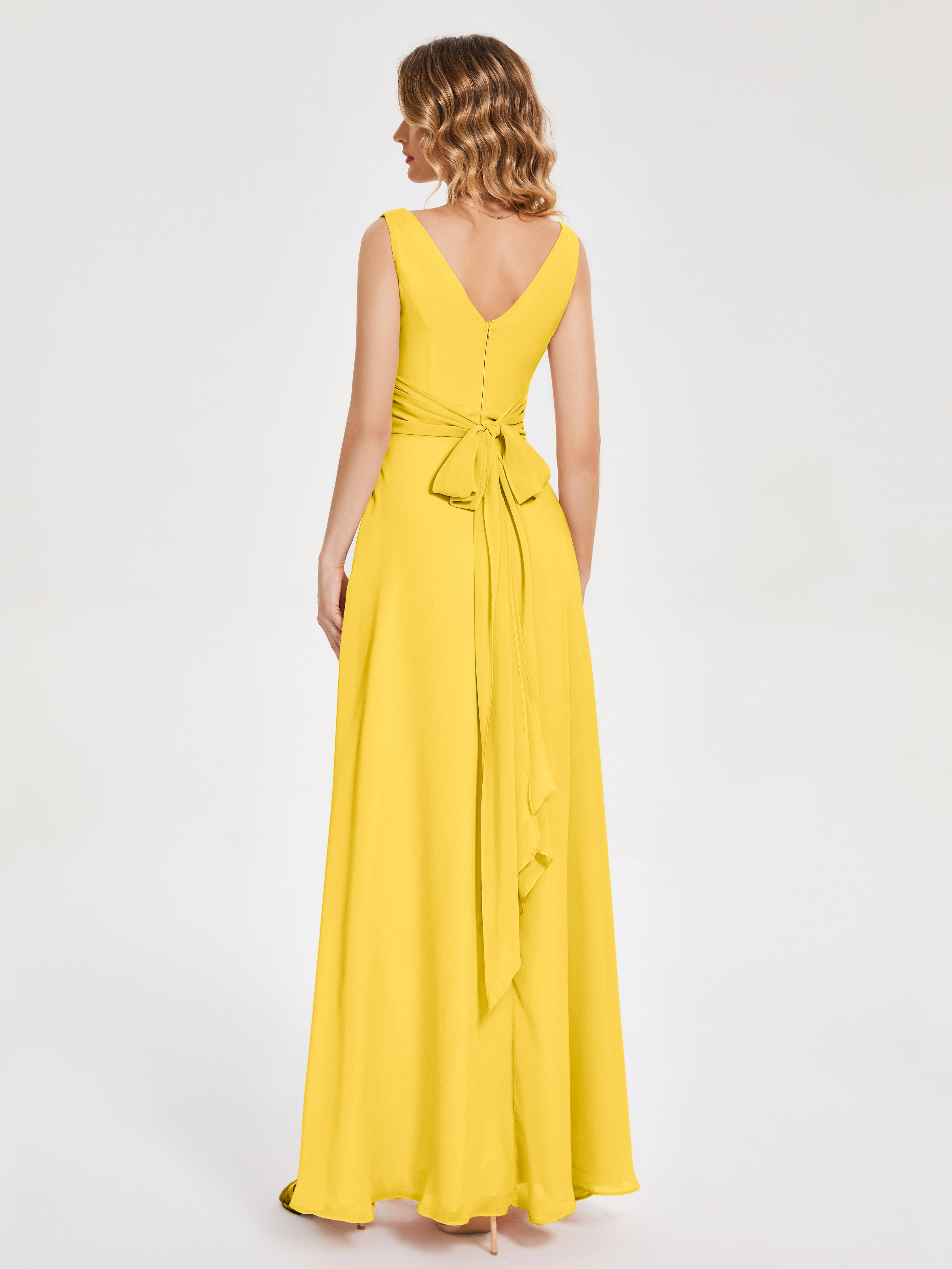 Robe De Demoiselle D'Honneur Souci Bretelles Fendue Col V Mousseline Robes Demoiselle D'Honneur