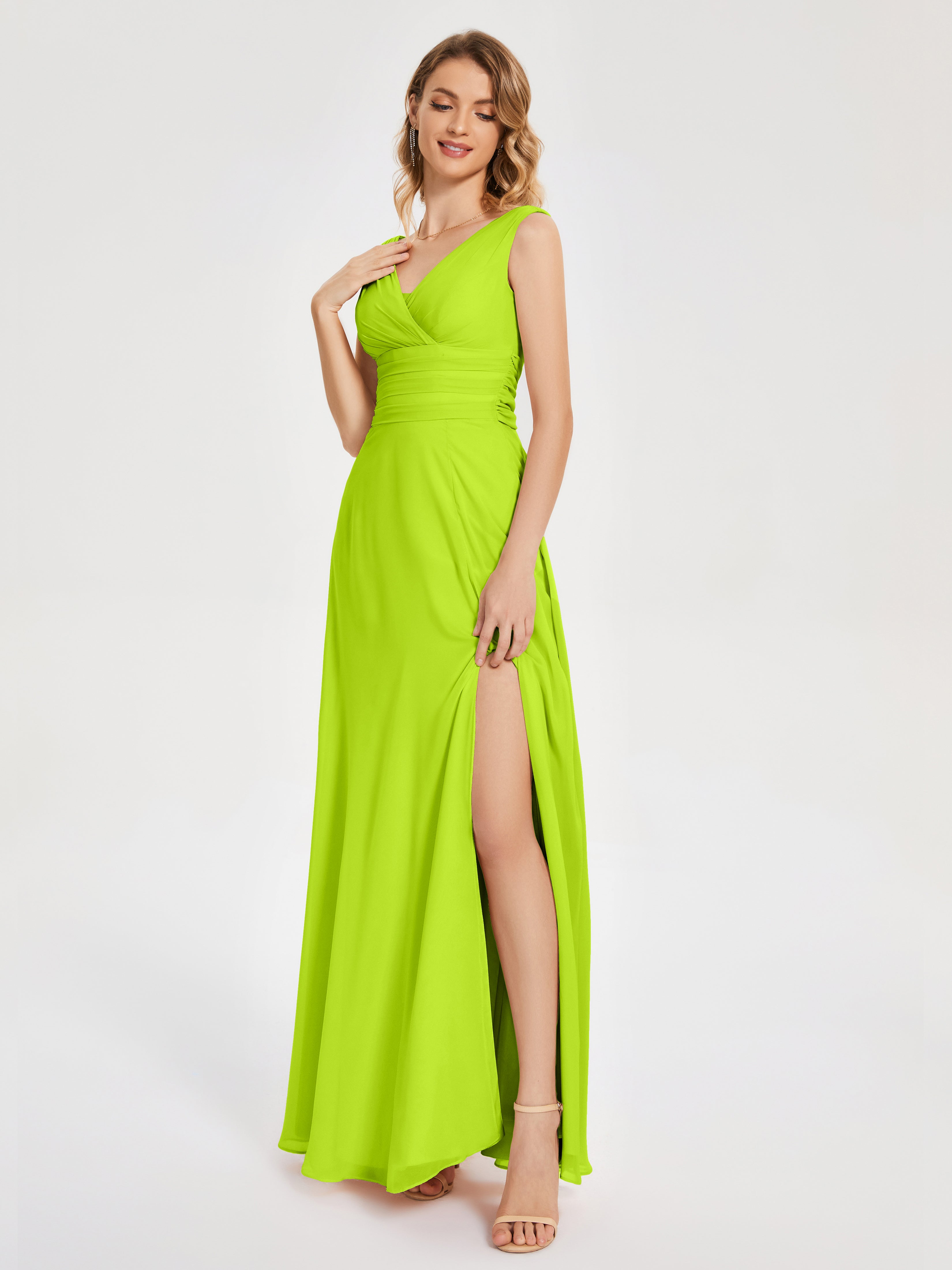 Robes De Demoiselle D'Honneur Vert Citron Bretelles Fendue Col V Mousseline Robes Demoiselle D'Honneur