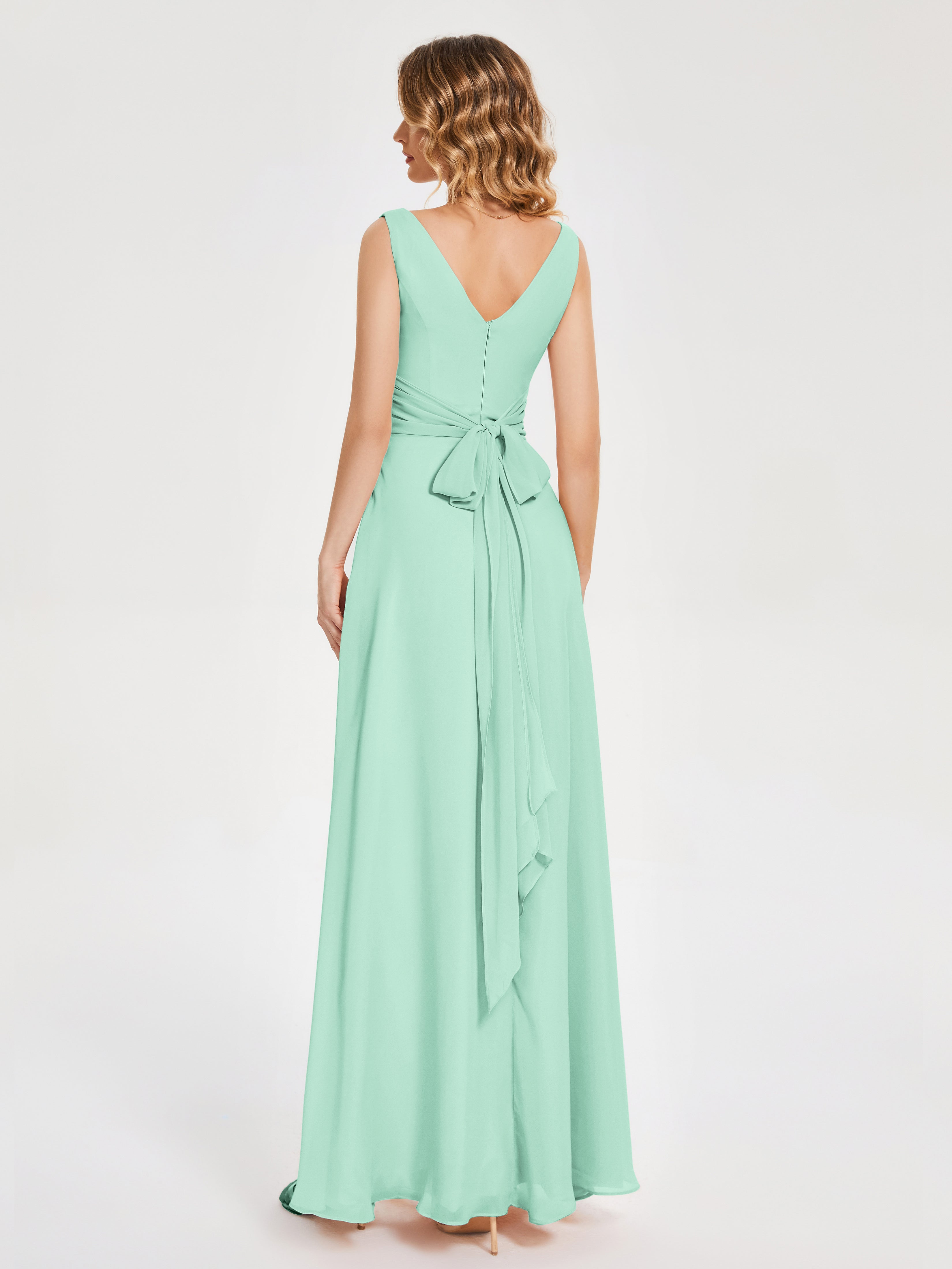 Robes De Demoiselle D'Honneur Vert Menthe Bretelles Fendue Col V Mousseline Robes Demoiselle D'Honneur