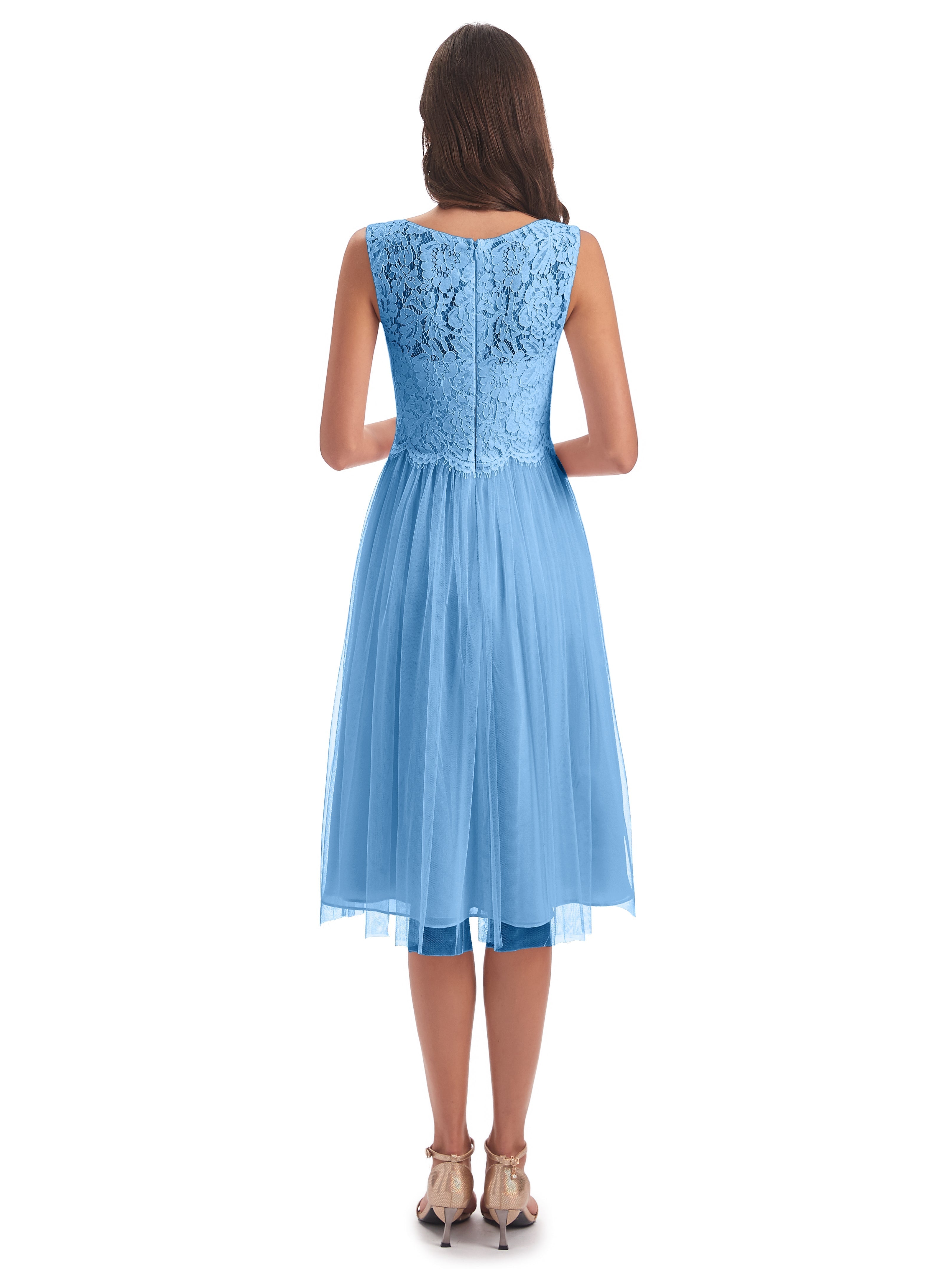 Robes De Demoiselle D'Honneur Bleues Shorts Bateau Longueur Genou Tulle/Dentelle Robes Demoiselle D'Honneur