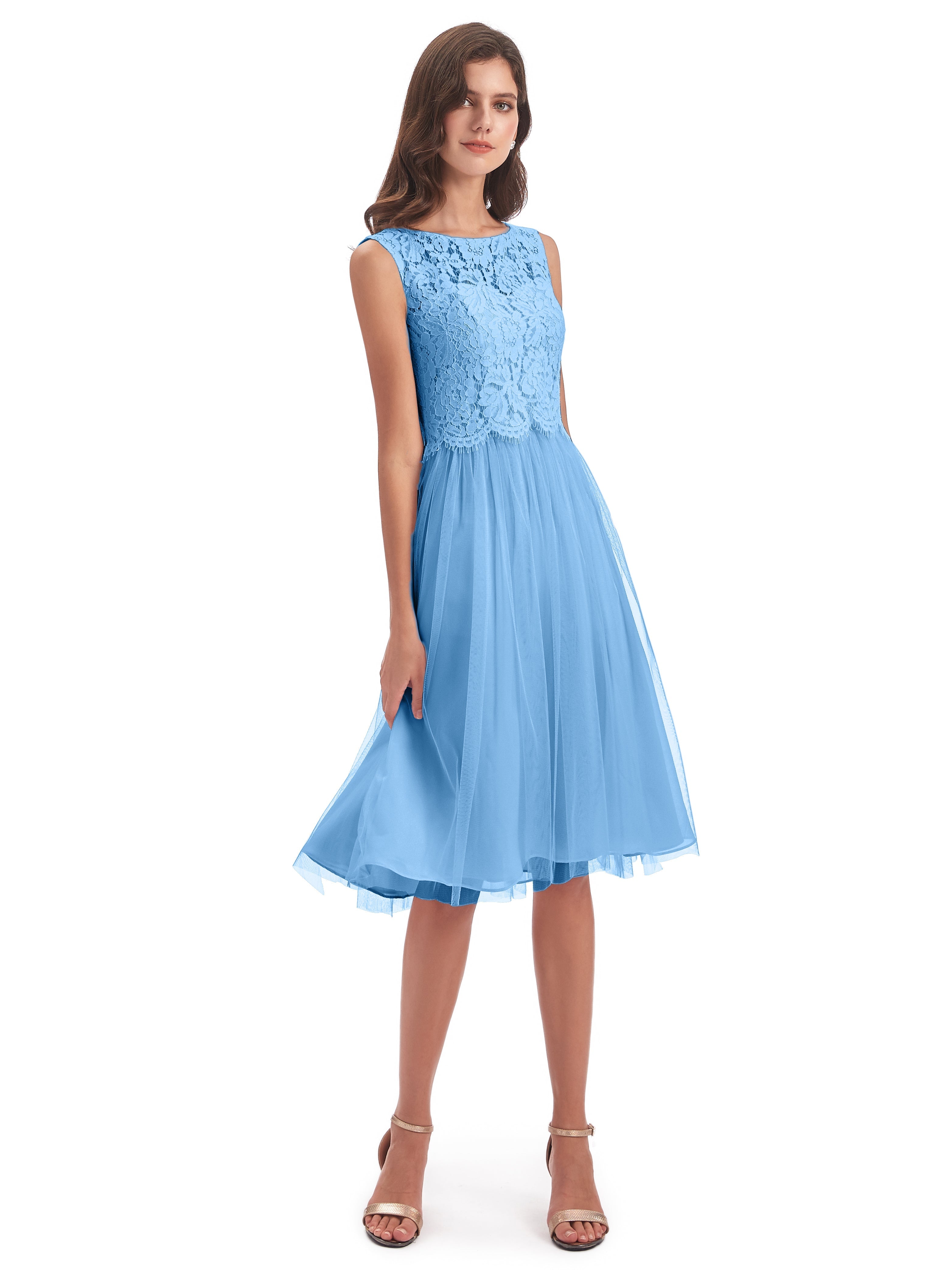 Robes De Demoiselle D'Honneur Bleues Shorts Bateau Longueur Genou Tulle/Dentelle Robes Demoiselle D'Honneur