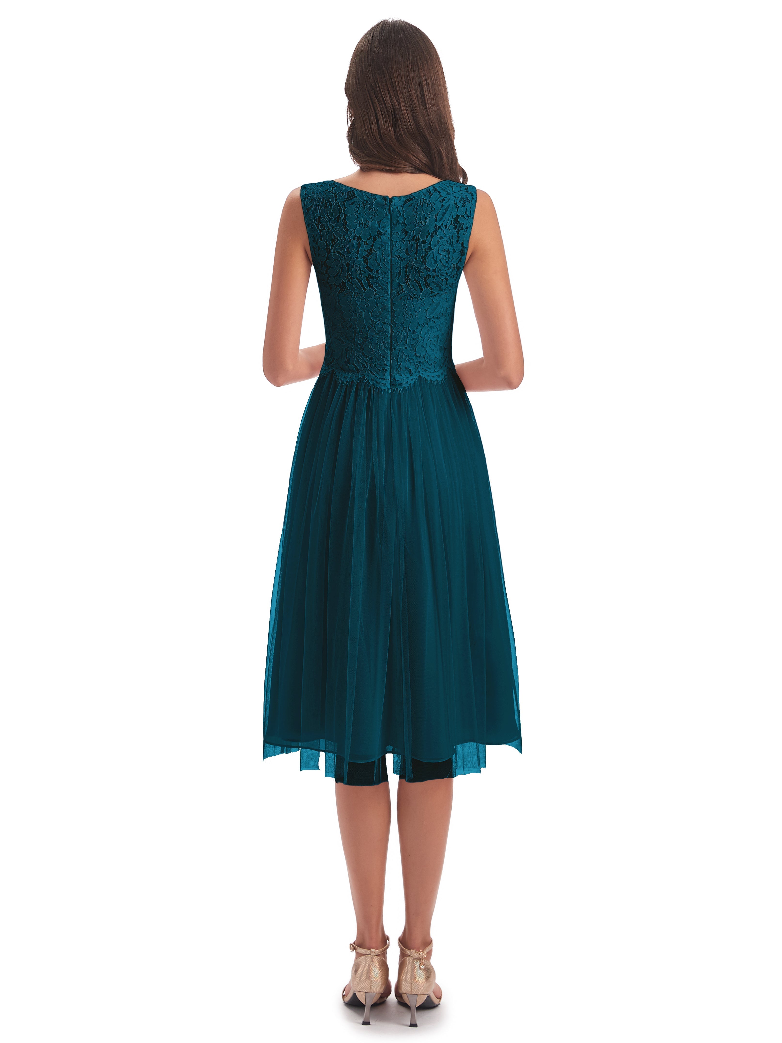 Robes De Demoiselle D'Honneur Bleu Encre Bateau Longueur Genou Tulle/Dentelle Robes Demoiselle D'Honneur